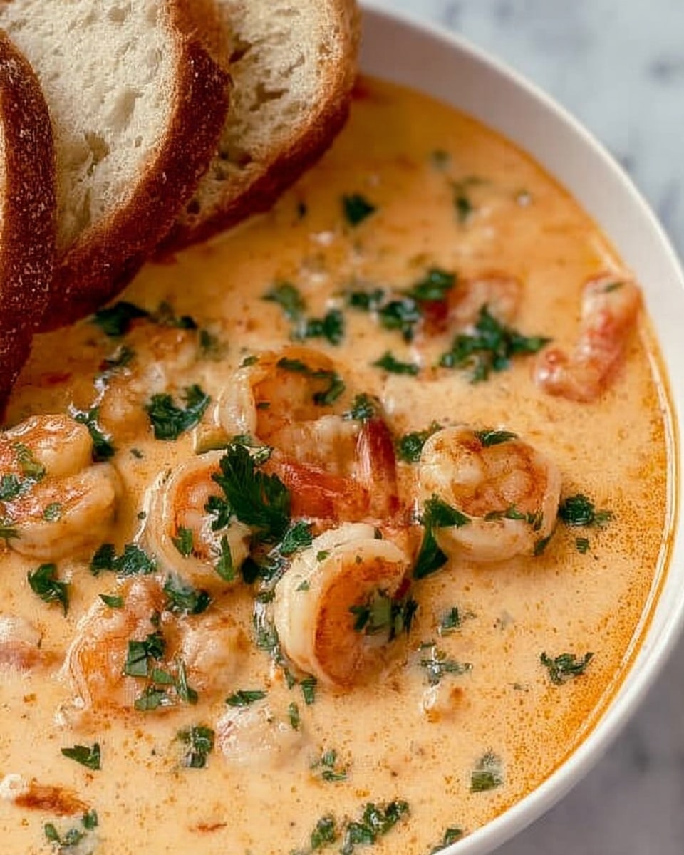 The image shows a close-up of a creamy shrimp soup in a white bowl placed on a white marbled surface. The soup is light orange in color with a smooth, slightly thick texture. Large cooked shrimp with a pink and white color are floating throughout the soup. Fresh chopped green herbs are sprinkled on top, adding a fresh touch of color. On the side of the bowl, two pieces of sliced bread with brown crust and soft white interior lean against the bowl's edge. Photo taken with an iphone --ar 4:5 --v 7