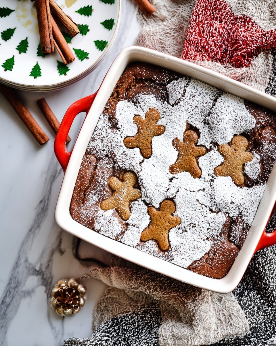 The image shows a square white baking dish with red handles filled with a baked dessert that has gingerbread man shapes on top. These gingerbread shapes are golden brown and slightly raised above the surface. The whole top of the dessert is unevenly dusted with white powdered sugar, filling the gaps around the gingerbread men and creating a snowy effect. The dish sits on a white marbled surface with a textured cloth in red, white, and gray nearby. To the side, a white plate with a green tree pattern and cinnamon sticks are visible, adding to the festive feel of the scene. Photo taken with an iphone --ar 4:5 --v 7