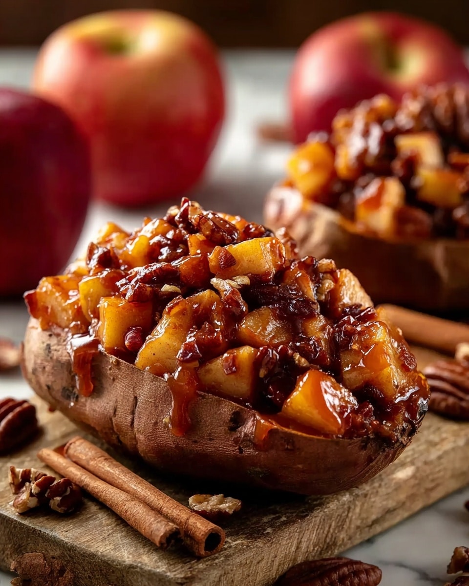 The image shows a baked sweet potato cut in half and filled with a chunky topping made of diced apple pieces and small pecan nuts, all coated in a glossy, thick caramel-like sauce that is dark amber in color. The sweet potato skin is rough and brown, serving as a natural bowl for the shiny, sticky filling with a mix of light yellow and deep brown tones. The sweet potato sits on a rustic wooden board that also holds whole pecans and cinnamon sticks scattered around, with red apples blurred in the background, all set against a white marbled surface. Photo taken with an iphone --ar 4:5 --v 7
