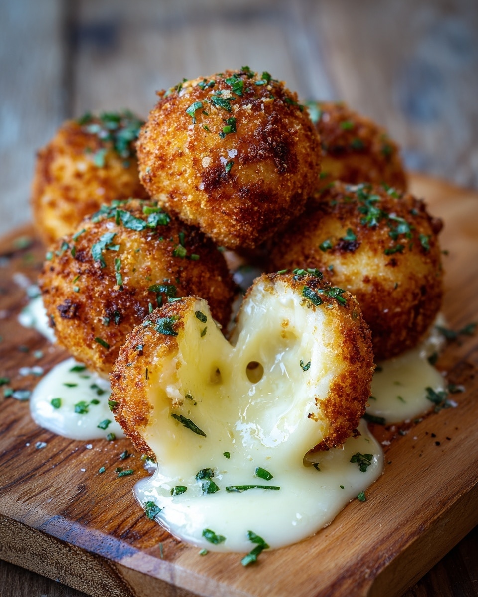 The image shows six round, deep-fried cheese balls with a golden-brown, crispy outer crust sprinkled with small green herb pieces. One cheese ball in the front is broken open, with melted creamy white cheese oozing out and pooling slightly on the wooden board beneath. The cheese inside is smooth and shiny, mixing with scattered chopped herbs. The balls are arranged closely together on a wooden surface with a blurred wood-textured background. photo taken with an iphone --ar 4:5 --v 7