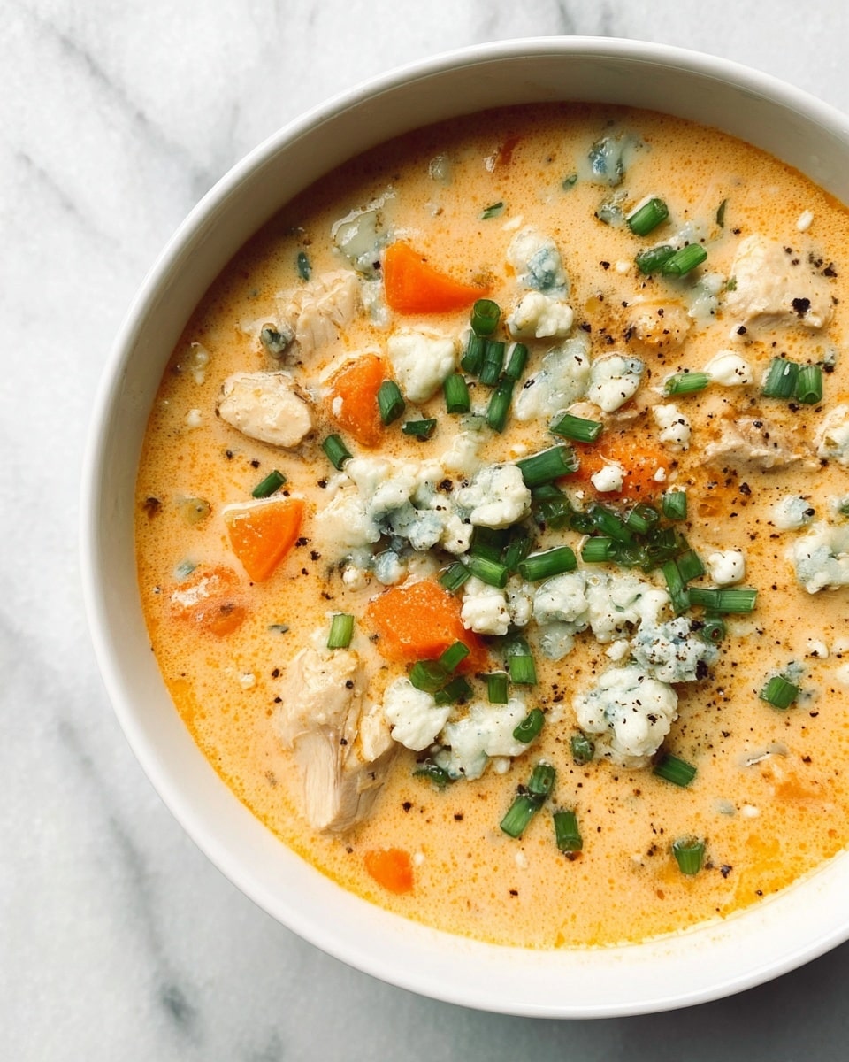 A white bowl filled with a creamy, light orange soup that has visible chunks of white meat and diced orange vegetables throughout. The soup is topped with scattered small green sliced herbs and crumbles of white and light blue cheese, with specks of black pepper spread over the surface. The bowl is placed on a white marbled texture background. photo taken with an iphone --ar 4:5 --v 7