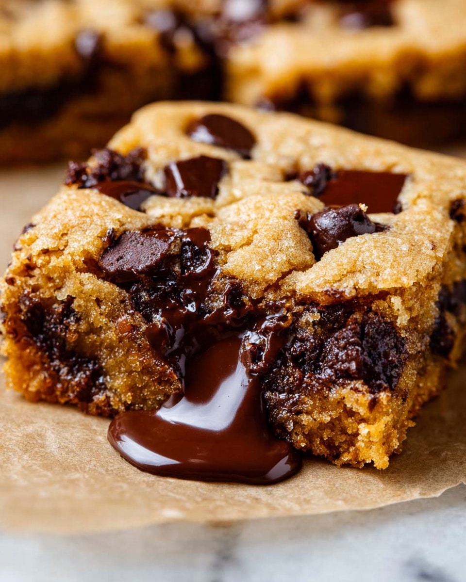 A close-up of a square piece of chocolate chip cookie with a golden-brown color, featuring a soft, crumbly texture. The cookie has multiple chunks of melted dark chocolate spread throughout the top and inside, with one large, glossy pool of chocolate oozing out from the middle near the bottom edge. The surface beneath the cookie is a light parchment paper on a white marbled texture. The edges of the cookie are slightly crumbly and the overall piece looks thick, soft, and gooey. photo taken with an iphone --ar 4:5 --v 7