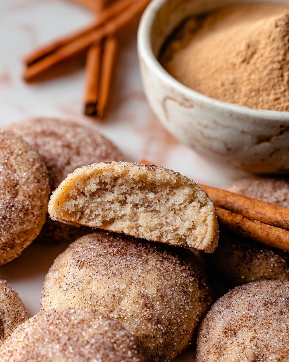 The image shows a close-up of several round cookies covered with a light dusting of sugar and cinnamon, giving them a sparkly brown-coated look. In the middle, one cookie is cut in half horizontally, revealing a soft, crumbly, light brown inside with a slightly grainy texture and tiny dark specks. Behind the cookies, a white ceramic bowl filled with a fine cinnamon sugar mix is partially visible, with two cinnamon sticks lying next to it. Everything is set on a white marbled surface. photo taken with an iphone --ar 4:5 --v 7
