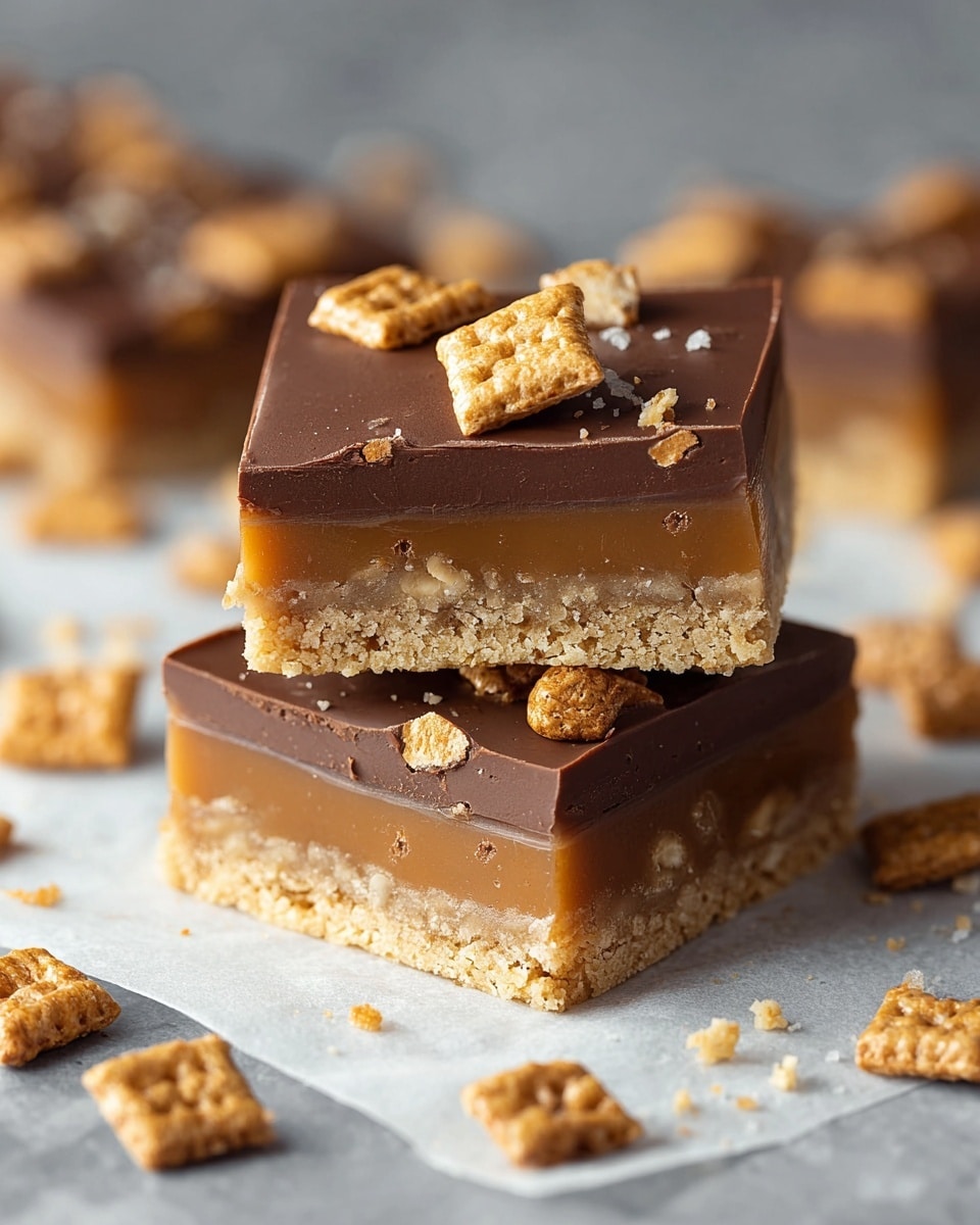 Two square dessert bars are stacked on a white marbled surface covered with parchment paper. Each bar has three layers: the bottom layer is a crumbly, light golden crust with visible bits of crunch; the middle layer is a smooth, caramel brown filling with small nut pieces inside; the top layer is a glossy, dark milk chocolate sheet scattered with small square cereal pieces. Some of these cereal pieces are also scattered around the bars on the parchment, enhancing the texture details. The edges of the bars are clean and sharp, showing clear separation between each layer. photo taken with an iphone --ar 4:5 --v 7