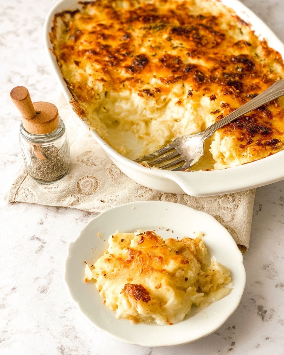 The image shows a white baking dish filled with a golden-brown cheesy casserole with a crispy top layer, sitting on a beige towel with a subtle pattern. The casserole has a creamy, slightly chunky texture underneath the browned cheese layer. A silver serving fork is digging into the dish on the right side, revealing the creamy, pale yellow interior with some small browned spots. In front of the baking dish, there is a white plate holding a scoop of the casserole, showing similar layers of creamy cheese and crispy topping. Next to the plate is a clear glass jar with a wooden spoon inside, containing coarse salt and pepper. The surface underneath everything is a white marbled texture. Photo taken with an iphone --ar 4:5 --v 7