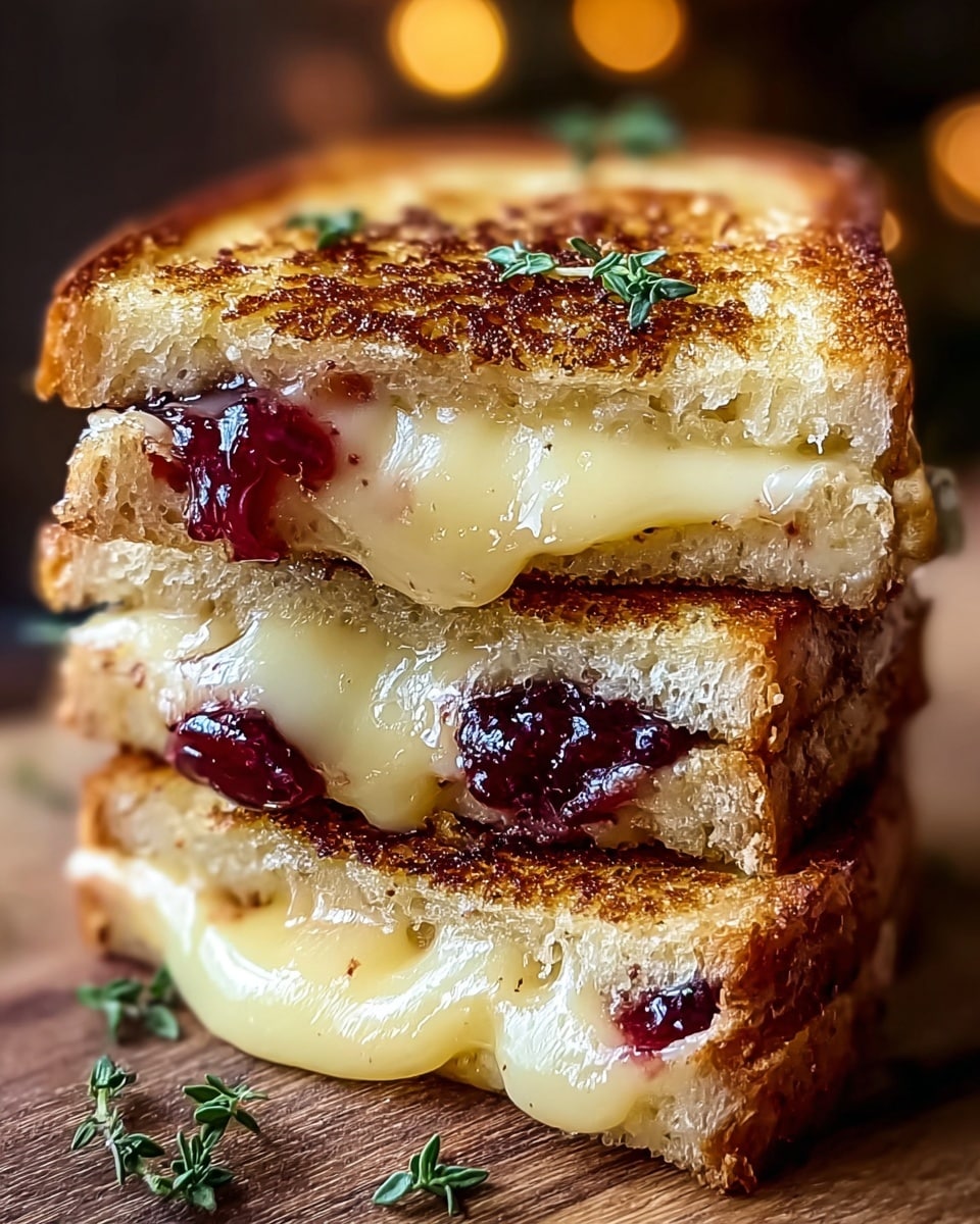 A close-up of a three-layer grilled cheese sandwich stacked on a wooden surface with small green herb leaves on top of each toasted bread slice. Each of the three layers consists of golden-brown toasted white bread with a crispy texture, melted creamy yellow cheese with some parts oozing and glossy, and bits of dark red fruit jam spread inside, visible between the cheese. The sandwich is cut in half, showing the thick, gooey cheese and jam layers. The background is softly blurred with warm tones. Photo taken with an iphone --ar 4:5 --v 7