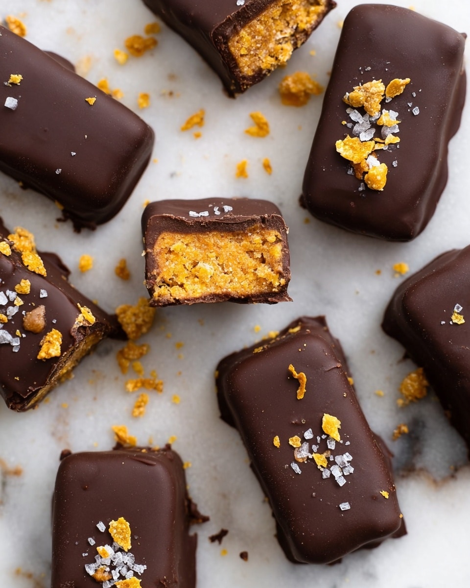 The image shows several small rectangular chocolate-covered bars arranged on a white marbled surface, some whole and some cut in half revealing two layers inside. The outer layer is a smooth, dark brown chocolate coating with a matte texture. Inside, the bars have a crunchy orange layer mixed with a crumbly texture. On top of the chocolate coating, there are small yellow crunchy flakes and a few grains of white sea salt scattered over the bars, adding texture and color contrast. Photo taken with an iphone --ar 4:5 --v 7
