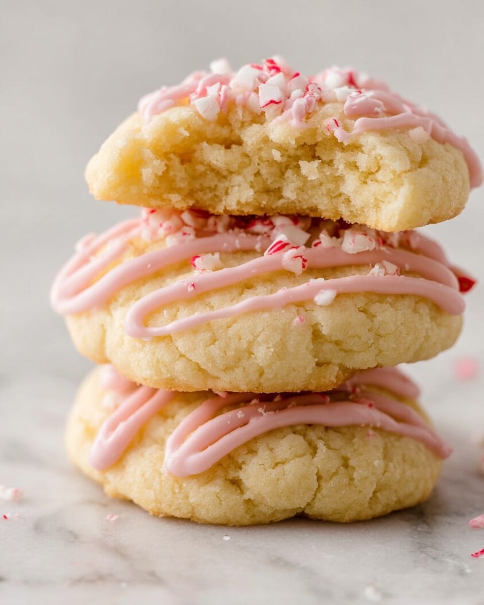 A close-up of three soft, light yellow cookies stacked on top of each other on a white marbled surface. The top cookie is bitten, showing a fluffy and crumbly texture inside. Each cookie is decorated with simple pink icing drizzled in lines across their tops and sprinkled with small white and red bits, resembling crushed candy. The overall look is soft and sweet, with the cookies slightly chunky and the icing smooth and glossy. photo taken with an iphone --ar 4:5 --v 7