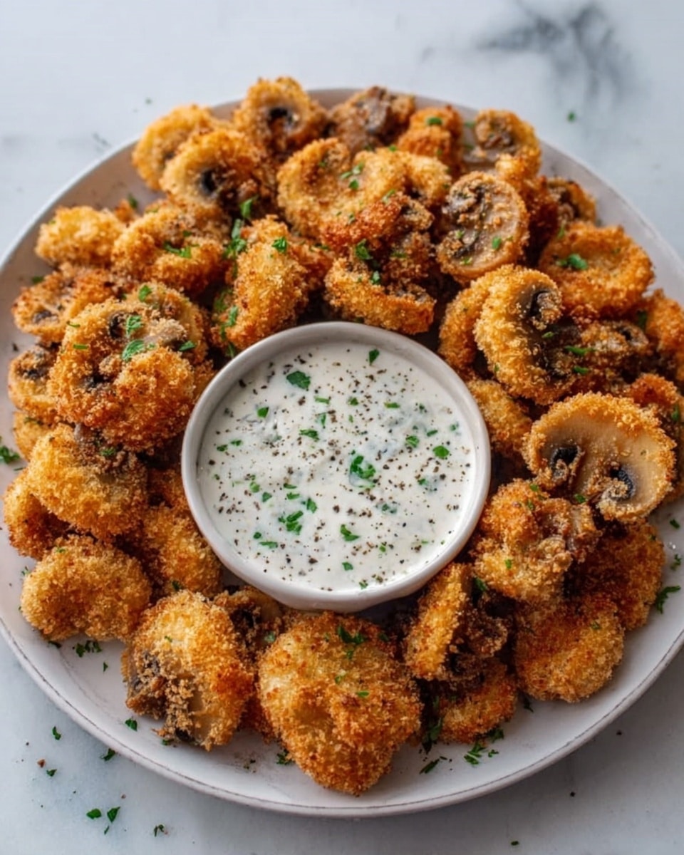 A white plate filled with a single layer of golden-brown crispy fried mushroom slices, each coated with a crunchy breadcrumb texture and sprinkled with small green parsley bits. On the right side of the plate, a white small round bowl holds a creamy white dipping sauce speckled with pieces of green herbs and black pepper. The plate sits on a white marbled surface, with the light making the fried mushroom pieces glisten slightly. photo taken with an iphone --ar 4:5 --v 7