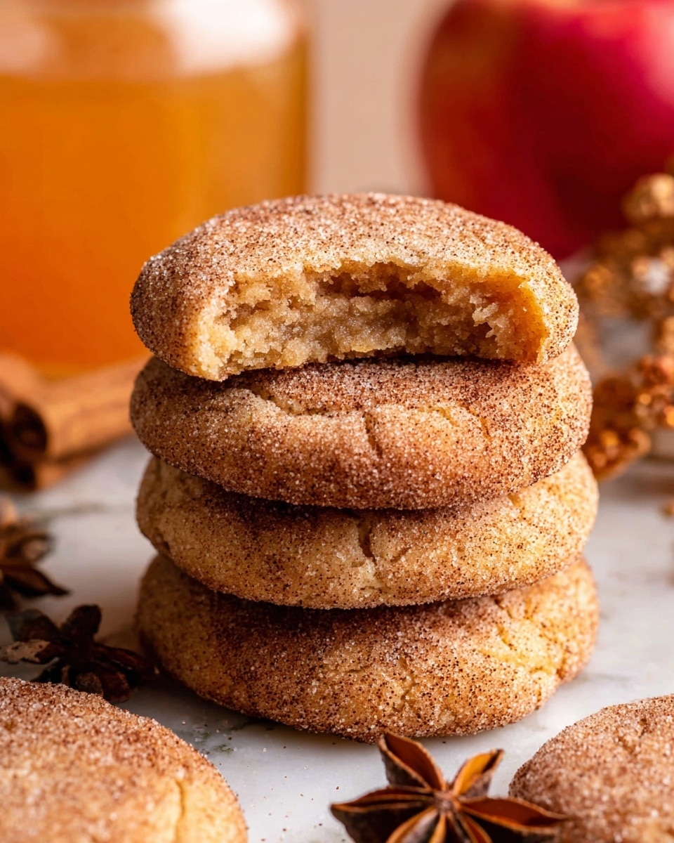 A stack of four round cookies, light brown in color with a rough texture and a sugar and cinnamon coating on the surface. The top cookie has a bite taken out, showing a softer, lighter inside layer beneath the golden-brown crust. Around the stack, several flat cookies with the same texture and coating are placed on a white marbled surface. Close to the cookies, there are star anise and parts of a brown apple, adding warm tones to the scene. In the background, a blurred red apple and a jar with an orange liquid complete the setting. The photo taken with an iphone --ar 4:5 --v 7