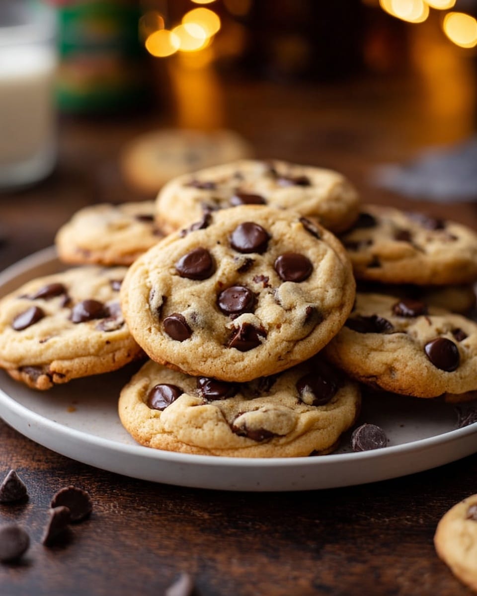 A plate filled with a stack of golden brown chocolate chip cookies, each cookie is round with a soft texture and scattered with glossy, dark chocolate chips on the surface; the cookies are piled on top of each other, with the top cookie showing more prominent chocolate chips and a slightly cracked surface, the plate is placed on a wooden table with a few loose chocolate chips around it, and blurred background lights add a warm tone. Photo taken with an iphone --ar 4:5 --v 7