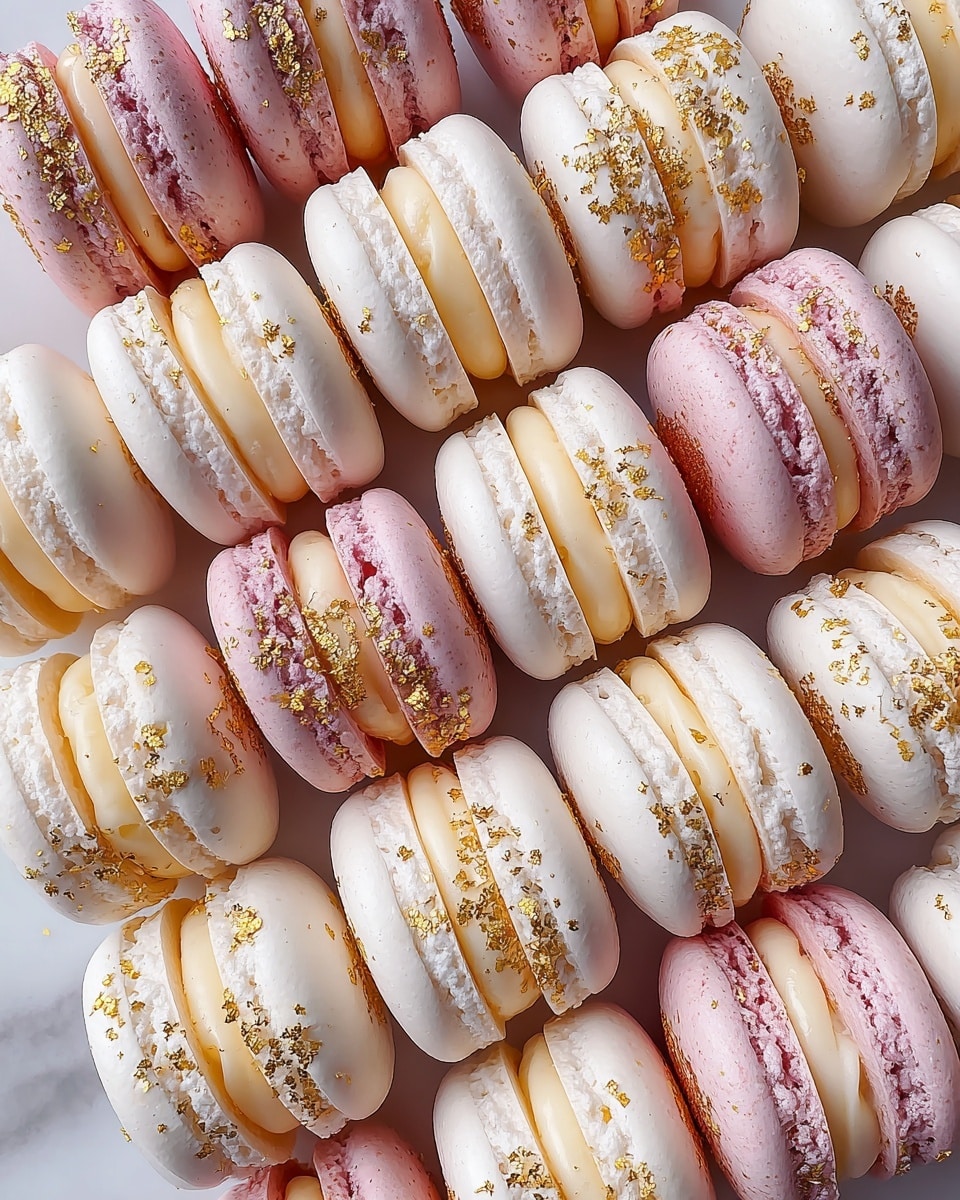 The image shows a close-up of many French macarons arranged in rows on a white marbled surface. There are two main colors: soft white macarons with pale yellow cream filling and light pink macarons with cream filling that looks slightly off-white. Some macarons have small golden sprinkles on top, adding a shiny texture. The outer shells of the macarons are smooth and glossy, with the classic ruffled edge where the shell meets the filling. Each macaron has two thin, round cookie layers sandwiching a thick, creamy filling in the center. The overall color palette is light and delicate, emphasizing soft pastels and subtle gold decoration. photo taken with an iphone --ar 4:5 --v 7