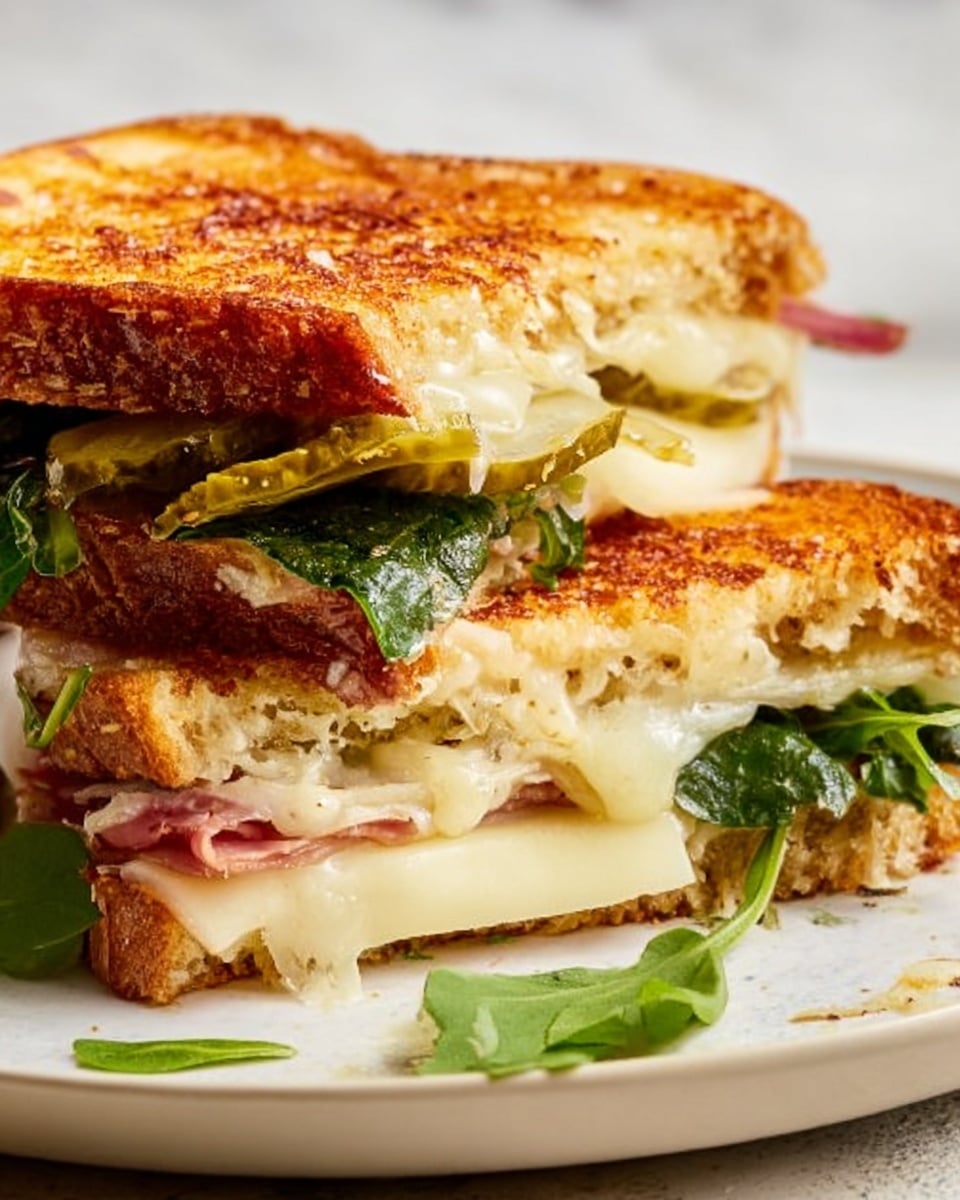A close-up of a sandwich on a white plate with a white marbled texture background, featuring two slices of golden toasted bread with a crispy look. The top bread layer is melted cheese with a slightly browned texture. Beneath it are pickles adding a green, slightly shiny layer, followed by fresh dark green leafy greens invisible at parts. Below the greens, there are thin slices of creamy white cheese and light pink deli meat. The sandwich is cut in half with one half slightly pulled forward showing the layers inside clearly. There are a few stray green leaves placed casually on the plate. Photo taken with an iphone --ar 4:5 --v 7
