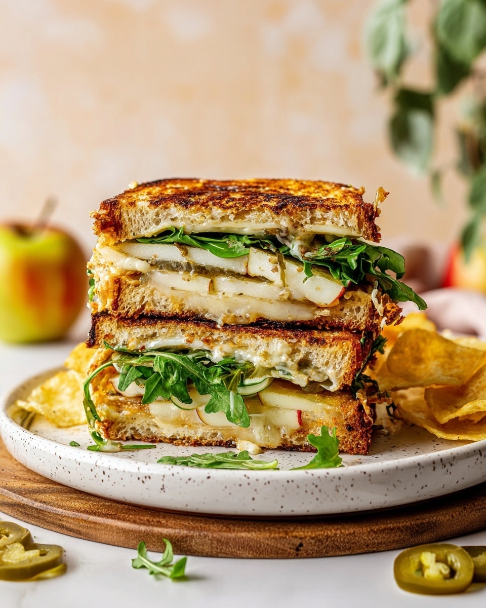 The image shows a tall sandwich cut in half and stacked, placed on a white plate with speckles, sitting on a wooden board over a white marbled surface. The sandwich has four layers of toasted bread with a golden-brown crunchy crust, and each bread layer is thick and porous. Between the bread layers are fresh green arugula leaves, thin slices of white apple with red edges, green pickles, and melted cheese with a slightly crispy, browned top layer. There are also some thin, crispy chips inside the sandwich. Around the plate, there are a few potato chips and some green jalapeño slices. The background has a soft beige tone, with an out-of-focus apple and some green leaves decorating the scene. photo taken with an iphone --ar 4:5 --v 7