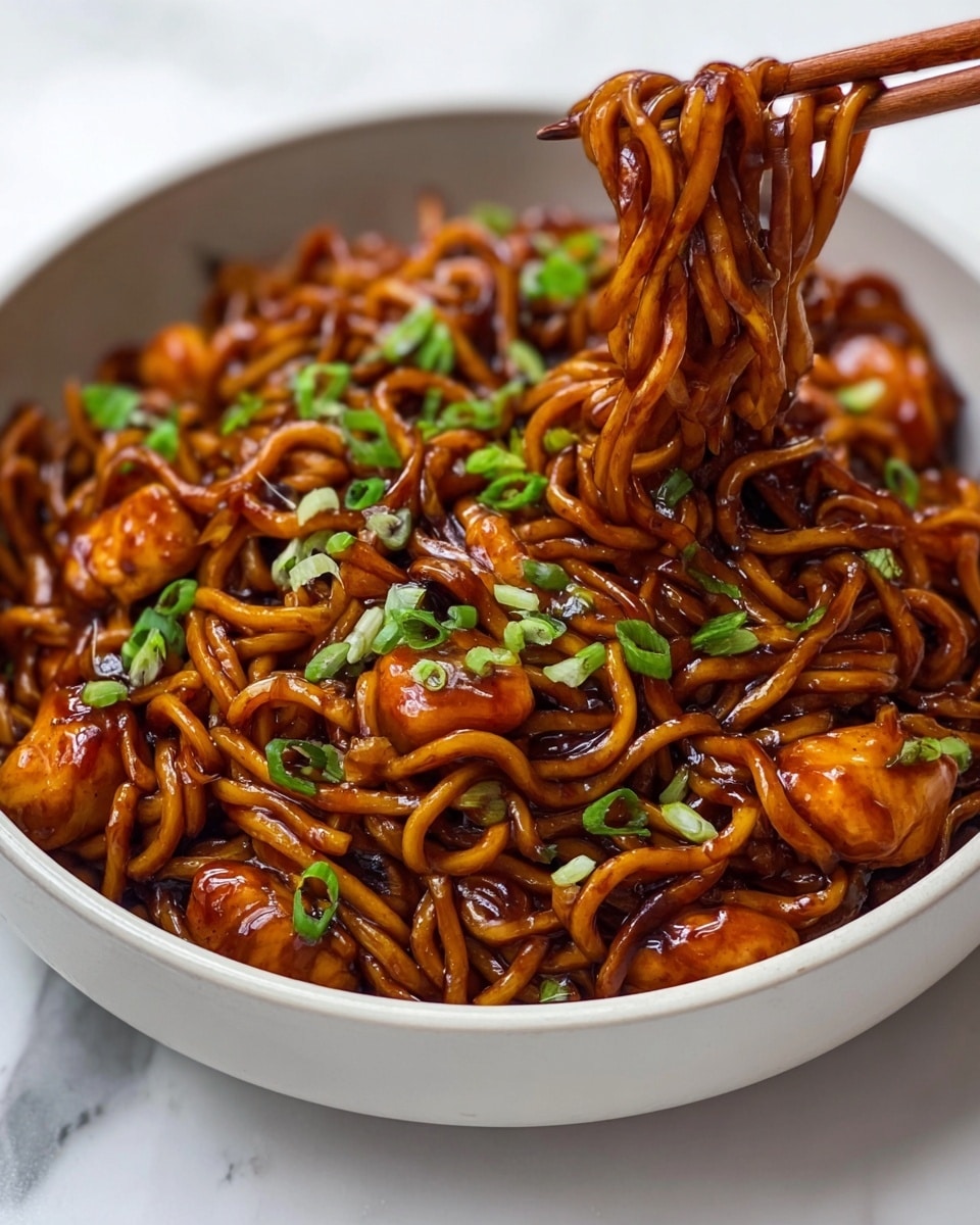 A close-up of a white bowl filled with glossy, thick noodles coated in a dark brown sauce. Scattered throughout the noodles are pieces of shrimp, cooked to a light orange color with a shiny glaze. The noodles are topped with small bits of chopped green onions and white sesame seeds, adding a pop of color and texture. A pair of wooden chopsticks is lifting a portion of noodles from the bowl. The bowl is set on a surface with a white marbled texture. photo taken with an iphone --ar 4:5 --v 7