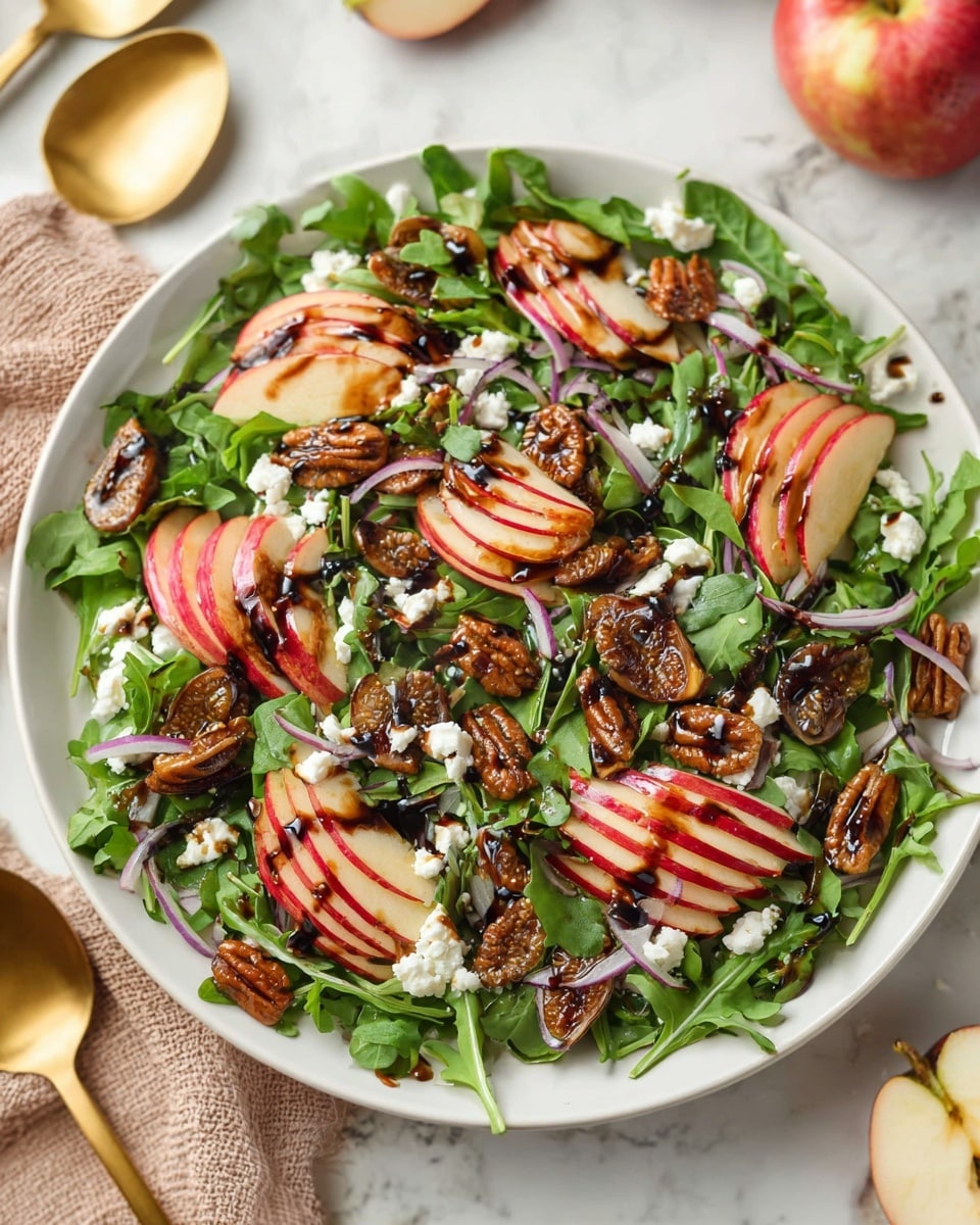 A white plate holds a fresh salad made of green arugula leaves as the base layer, topped with thin slices of red-skinned apple arranged in small clusters across the plate. Scattered over the salad are glossy brown pecans and pieces of dried figs showing their seedy interior, adding texture. Thin strips of light purple-red onion are sprinkled throughout, along with small crumbles of white goat cheese. The salad is drizzled with a dark balsamic dressing, adding shine and contrast to the colors. The dish is set on a white marbled surface with partial views of apple halves and golden utensils nearby. Photo taken with an iphone --ar 4:5 --v 7