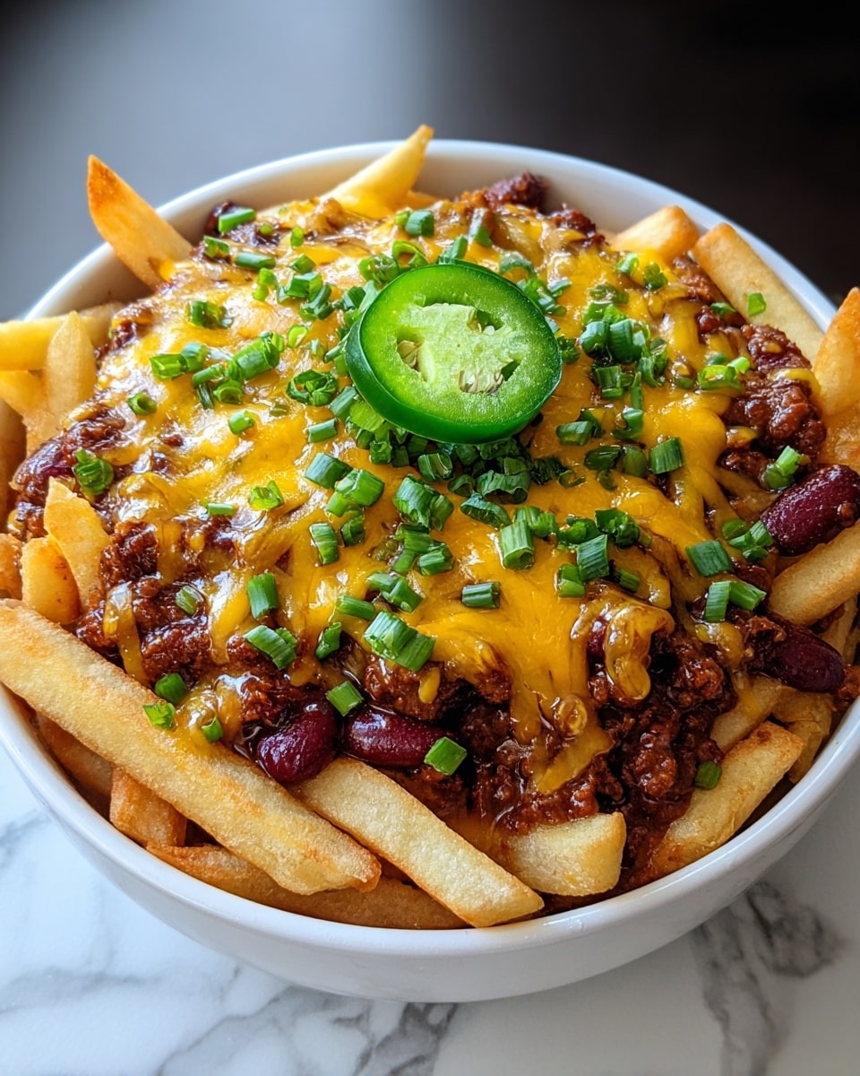 A white bowl filled with golden crispy fries as the bottom layer, topped with a generous heap of dark brown chili with red kidney beans, melted bright orange cheddar cheese drizzled over the chili, and finely chopped fresh green onions scattered on top, finished with a single green jalapeño slice at the peak, all set against a white marbled surface. photo taken with an iphone --ar 4:5 --v 7