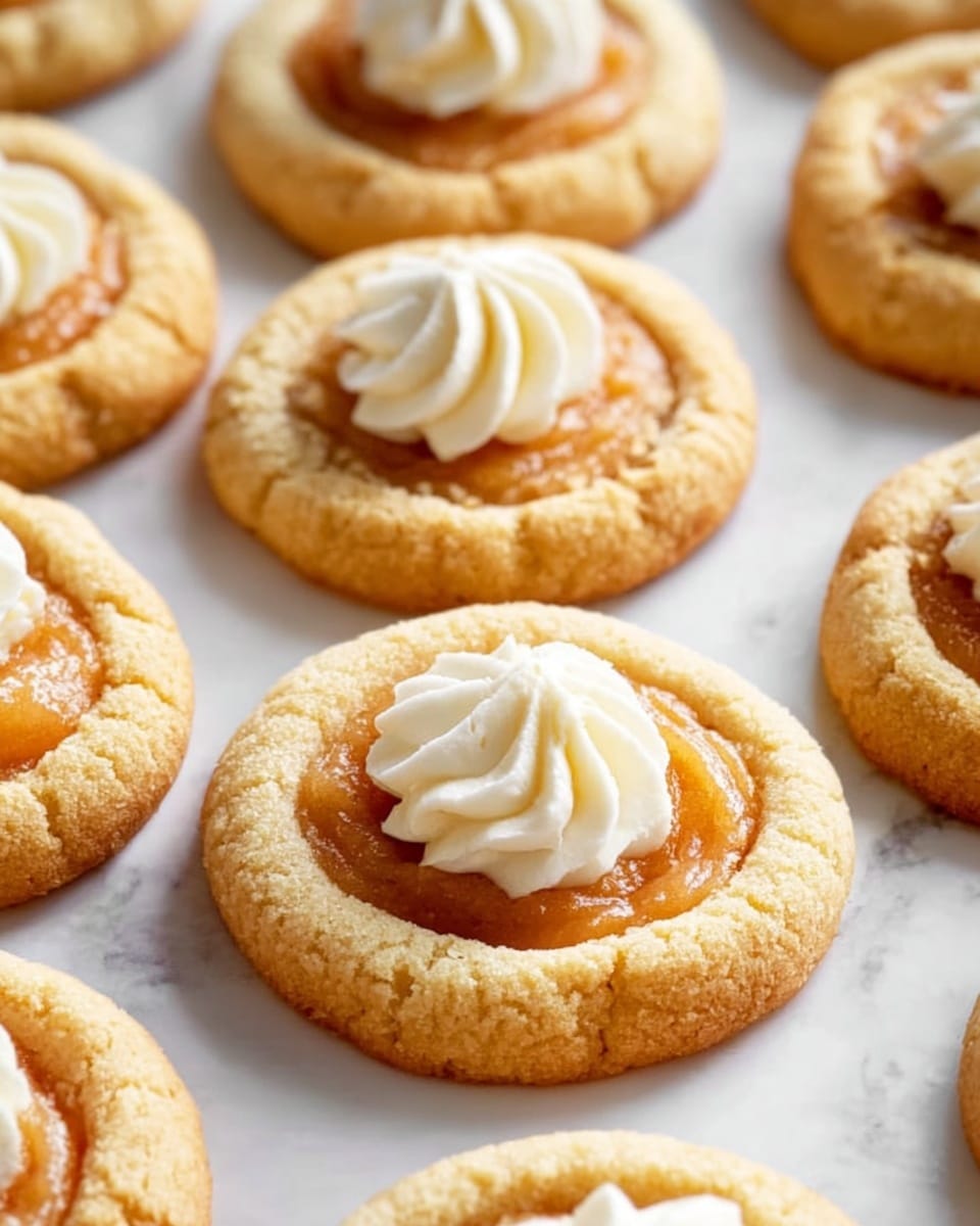 The image shows several round cookies arranged on a white marbled surface. Each cookie has two layers: a soft, golden-brown base with a slightly cracked texture, and a center filled with a smooth, orange filling. On top of this filling, a small swirl of white cream is piped in a decorative pattern. The cookies are evenly spaced and have a warm, homemade look. photo taken with an iphone --ar 4:5 --v 7