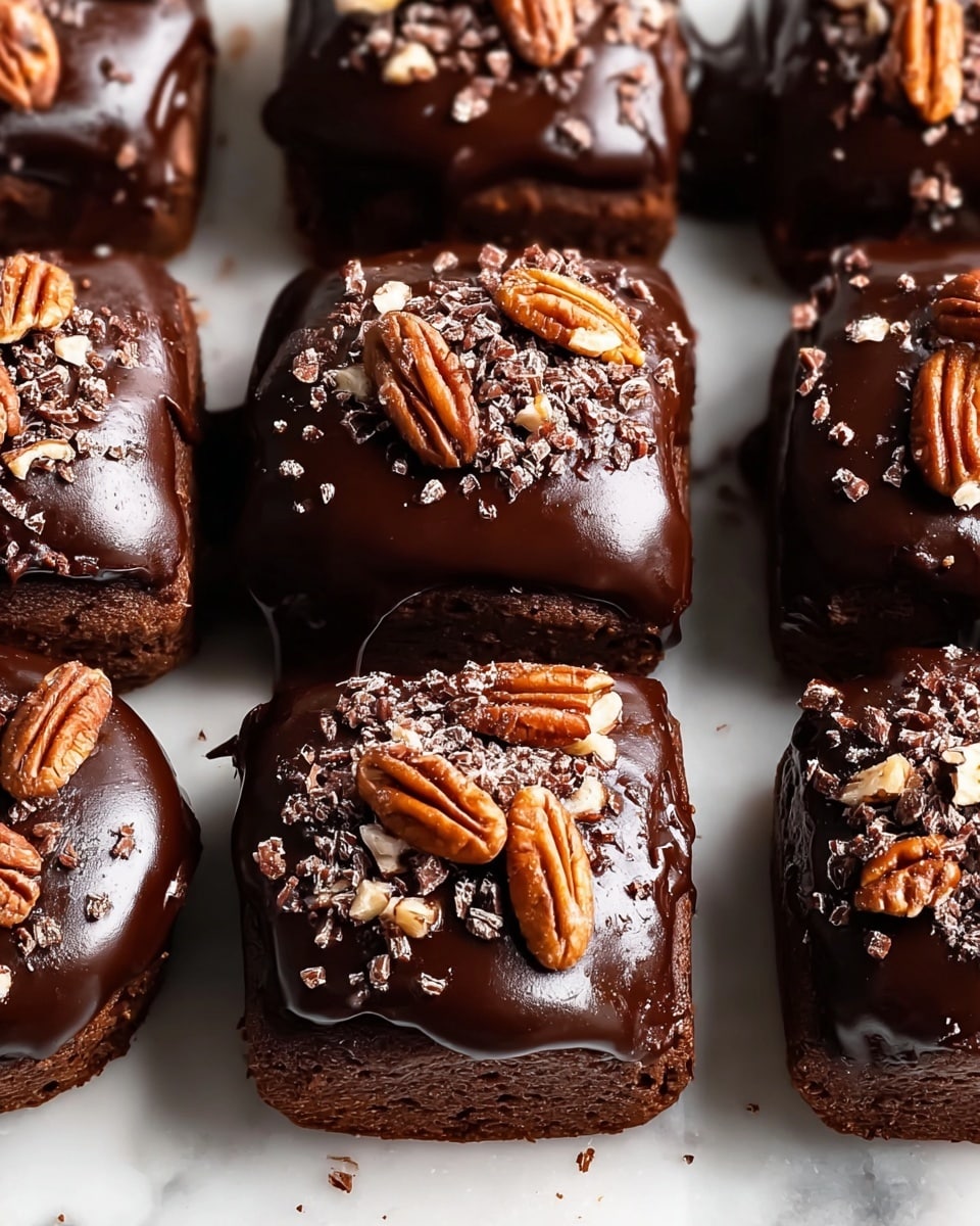The image shows nine square chocolate pastries placed close together on a white marbled surface. Each pastry has a dark brown base with a glossy layer of thick dark chocolate on top. On the chocolate, there are small pieces of chopped pecans and chocolate shavings scattered evenly, adding a rough texture and light brown color contrast. The pastries appear rich and moist, with smooth shiny chocolate topping that slightly drips down the sides. photo taken with an iphone --ar 4:5 --v 7
