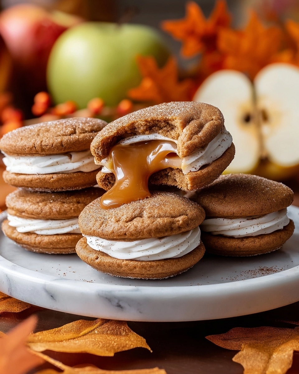 A white plate with five soft brown sandwich cookies, each with a thick middle layer of smooth white cream. One cookie is split open and stacked on top, showing a sticky, golden caramel sauce oozing out along with the cream. The cookies have a slightly cracked texture on the top and are dusted lightly with cinnamon or spice powder. The plate sits on a white marbled surface with blurred autumn leaves and apple slices in the background, creating a cozy atmosphere. photo taken with an iphone --ar 4:5 --v 7