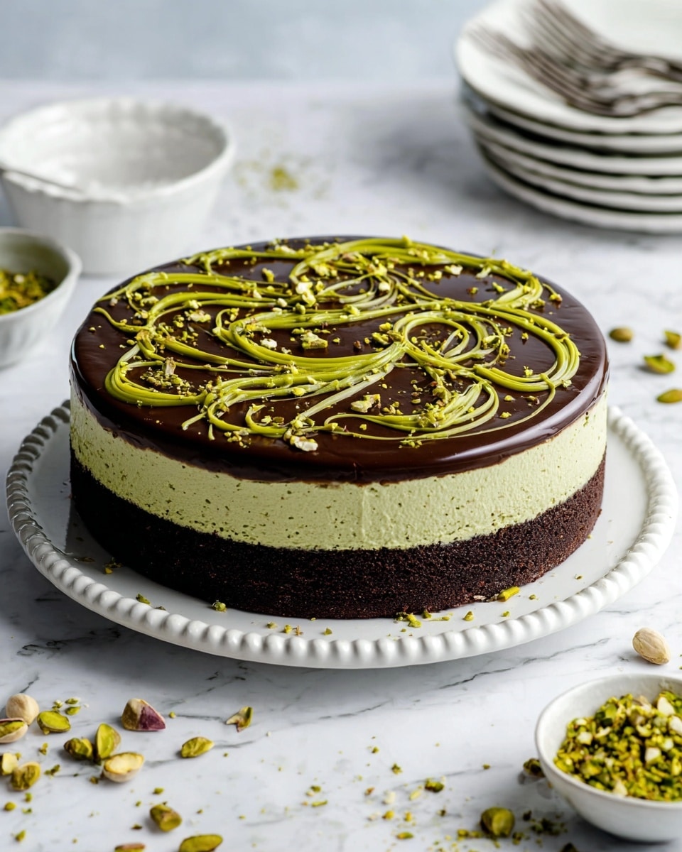 The image shows a three-layered round cake on a white plate with a beaded edge, placed on a white marbled surface. The bottom layer is a dark, dense chocolate cake, the middle layer is a thick, light green creamy pistachio filling with a smooth texture, and the top layer is a glossy dark chocolate ganache decorated with thin, random swirls of bright green pistachio cream and sprinkled with chopped pistachio nuts. Around the plate, there are scattered chopped pistachios, a small white bowl with more green pistachio cream, and a stack of white plates with forks on the side. photo taken with an iphone --ar 4:5 --v 7