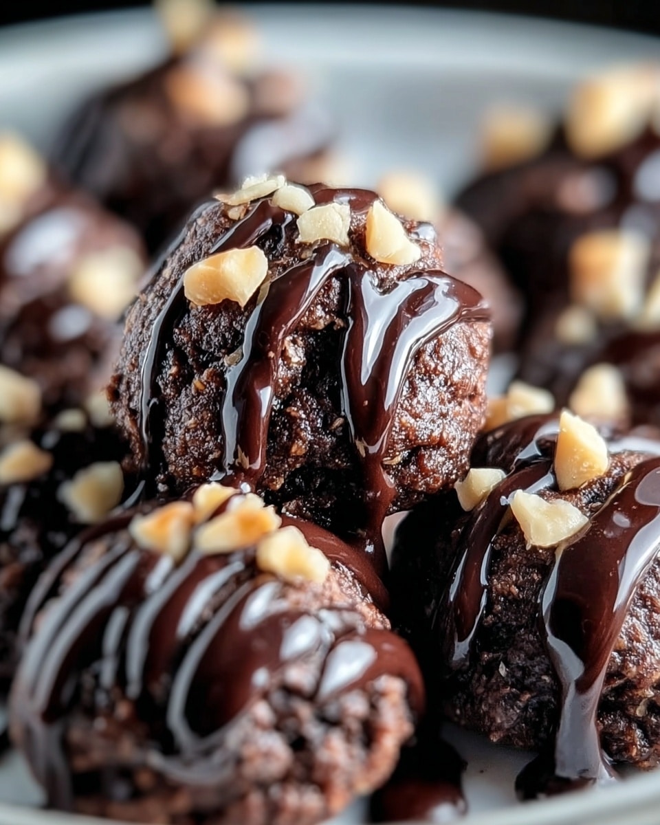 The image shows a close-up of small, dark brown chocolate balls arranged closely together on a white surface. Each ball has a rough, moist texture and is topped with a drizzle of shiny, dark chocolate sauce. Small pieces of light tan nuts are scattered on top of the sauce, adding contrast in color and texture. The focus is sharp on the closest chocolate ball, while the background balls are softly blurred, giving a rich and delicious appearance. photo taken with an iphone --ar 4:5 --v 7