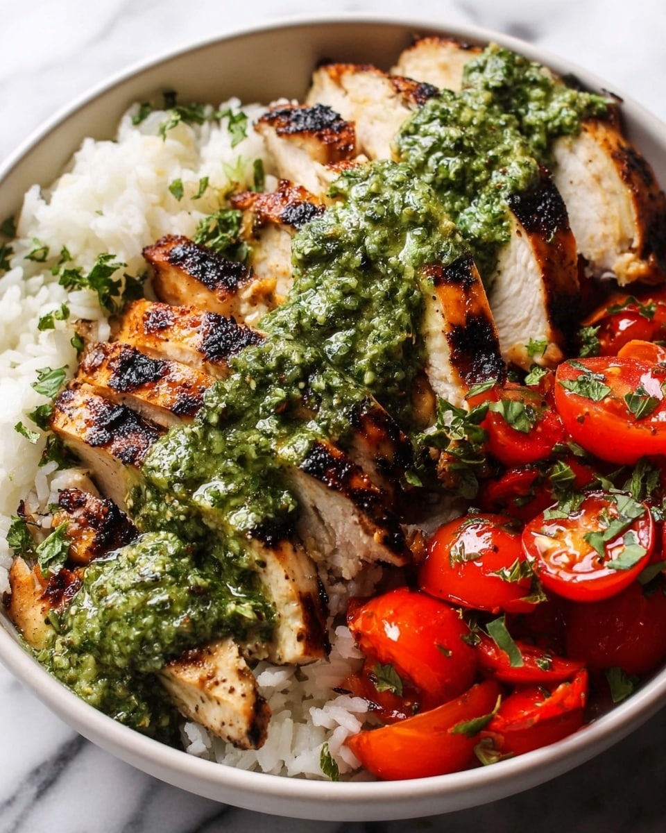 A white bowl filled with three main layers: the bottom layer is white cooked rice with a soft, fluffy texture, on top of that lies grilled chicken breast sliced into thick pieces with visible char marks and green herb bits, and the final layer is a vibrant green sauce drizzled mostly over the chicken alongside halved red cherry tomatoes mixed with chopped herbs on the side. The bowl rests on a white marbled surface. photo taken with an iphone --ar 4:5 --v 7