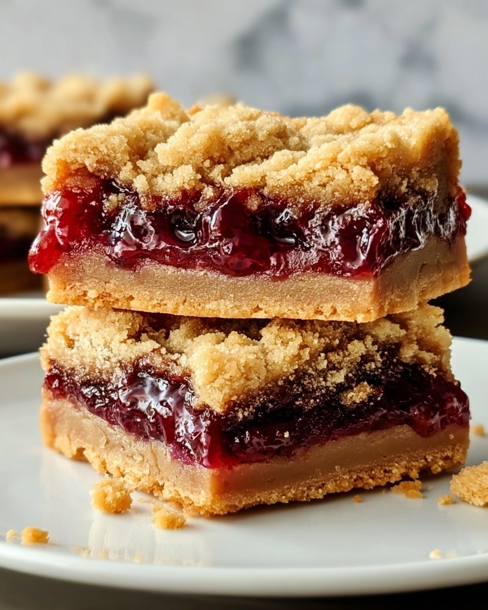The image shows two thick square bars stacked on top of each other on a white plate, set against a white marbled texture. Each bar has three visible layers: the top and bottom layers are golden brown and crumbly with a slightly rough texture, while the middle layer is a glossy, deep red jam that looks thick and gooey, seeping slightly into the crumbly layers around it. The bars' edges are slightly crumbly, and the jam provides a rich contrast in color and texture. Photo taken with an iphone --ar 4:5 --v 7