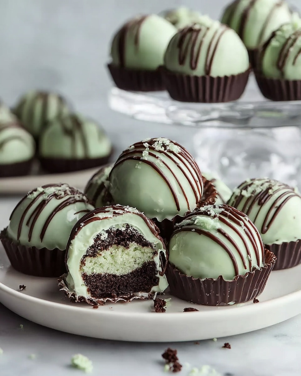 The image shows a group of round mint green chocolate truffles with thin dark and white chocolate drizzle on top, each sitting in dark chocolate cups on a white plate, placed on a white marbled surface. One truffle is cut in half, revealing three layers inside: a dark chocolate crumbly bottom, a creamy light green middle, and a dark chocolate core. The truffles have a smooth shiny outer shell with a few crumbs around them. The background is softly blurred with more truffles on a clear glass stand. Photo taken with an iphone --ar 4:5 --v 7