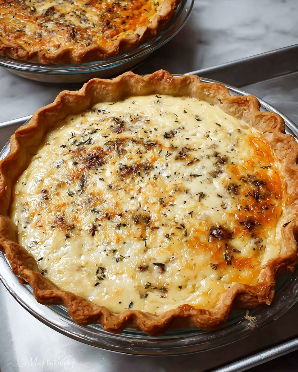 A baked pie with a thick, golden-brown, crimped crust forms the base and edges. Inside, there is a creamy, slightly browned cheese layer with a smooth texture spread evenly across the surface. Flecks of herbs and seasoning are sprinkled on top, adding darker green and black specks. The cheese layer has some small browned spots and a few areas showing an orange tint from baked cheese or sauce underneath. The pie sits inside a clear glass pie dish, which rests on a silver baking tray on a white marbled surface. Another similar pie is partially visible in the background. photo taken with an iphone --ar 4:5 --v 7
