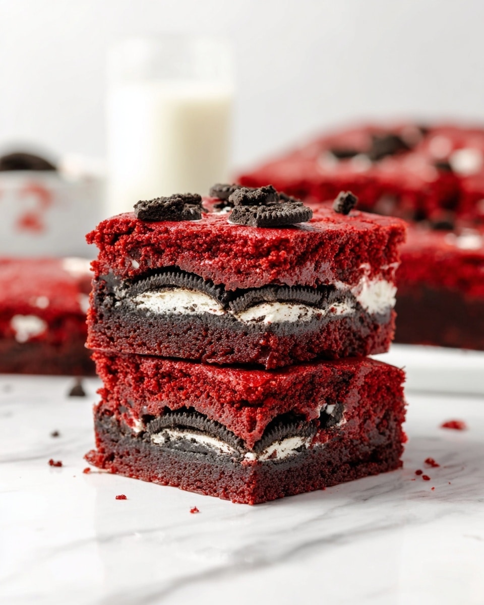 The image shows two stacked square red velvet brownies with Oreo cookies inside. The bottom layer is a dark red, moist brownie base, topped with a layer of Oreo cookies showing black outer cookies with white cream inside. Above this is another layer of dense red velvet brownie, and the top surface is bright red with a soft texture, sprinkled with broken Oreo cookie pieces. The photo is taken on a white marbled surface, with a blurred glass of milk and more brownies in the background. photo taken with an iphone --ar 4:5 --v 7
