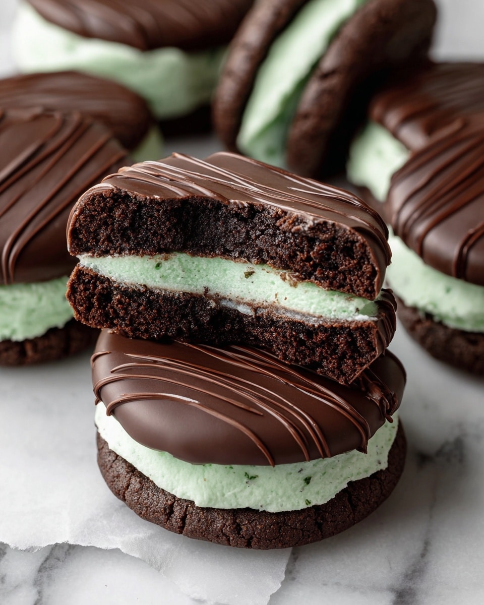 The image shows several round chocolate mint cookies on a white marbled background. Each cookie has three visible layers: the bottom layer is a dark, rich chocolate cookie base; the middle layer is a thick, soft mint-green cream; the top layer is smooth, dark chocolate with thin drizzles of darker chocolate lines crossing it. One cookie is cut in half and placed on top of another, showing the thickness of all three layers clearly, with the chocolate layers looking slightly glossy and the mint cream fluffy. Photo taken with an iphone --ar 4:5 --v 7