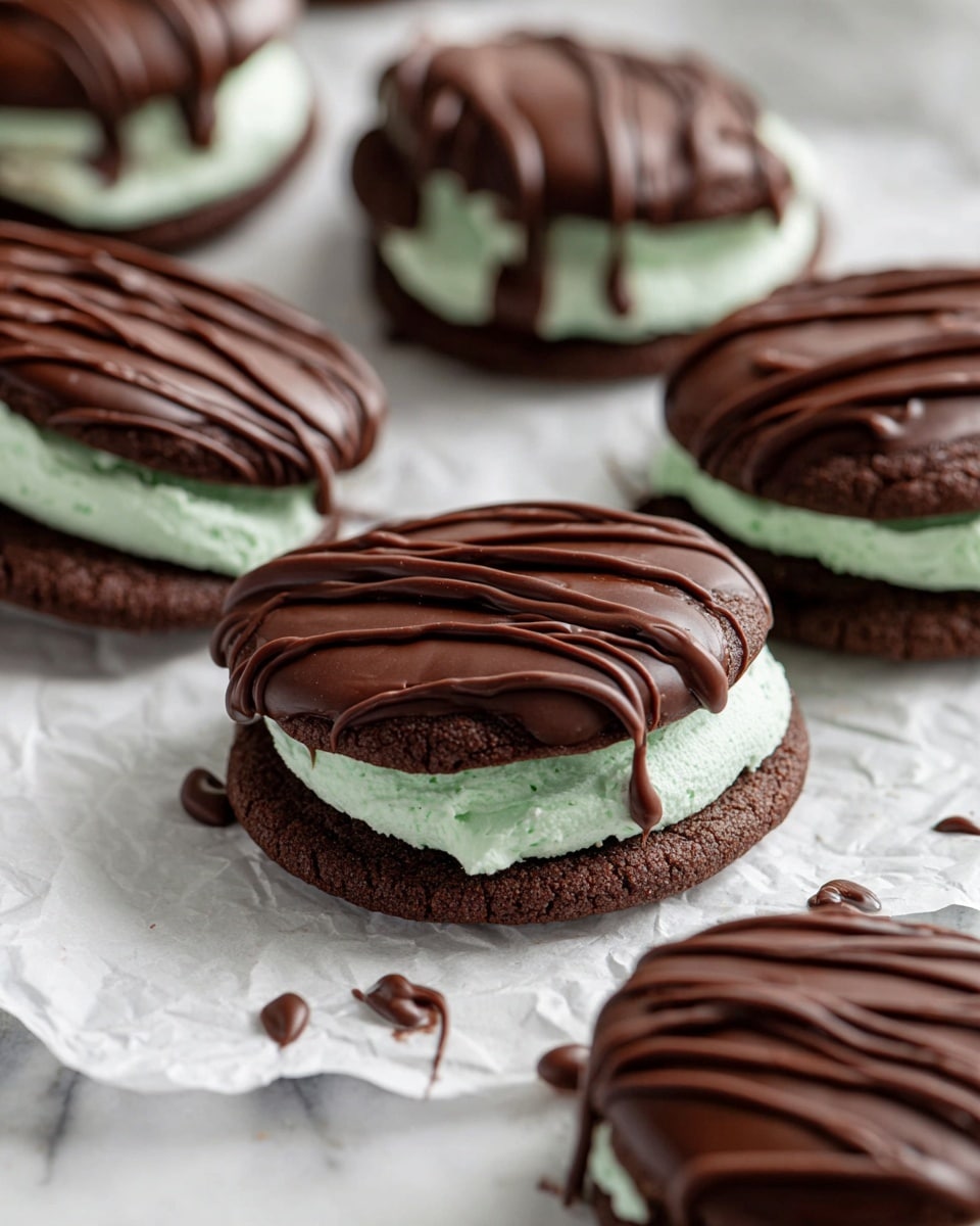 The image shows several chocolate sandwich cookies on crumpled white parchment paper over a white marbled surface. Each cookie has three layers: the bottom layer is a thick, dark brown soft chocolate cookie with a slightly cracked texture; the middle layer is a fluffy light green mint cream that is thick and evenly spread; the top layer is a smooth, shiny dark chocolate disk that covers the cream, with extra dark chocolate drizzled thinly over the top. Small drops and lines of dark chocolate are around the cookies adding a decorative touch. photo taken with an iphone --ar 4:5 --v 7
