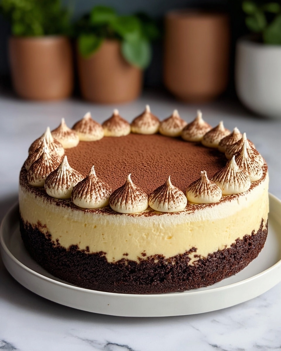 A round cake with three visible layers sits on a white plate on a white marbled surface. The bottom layer is thick, dark brown, and crumbly like a chocolate crust. The middle layer is thick, creamy, and light yellow. The top layer is smooth, light yellow cream with a dusting of fine cocoa powder covering the middle and edges. Around the edge of the cake are evenly spaced peaks of light yellow cream topped with cocoa powder. The background shows blurred brown and green plant pots. Photo taken with an iphone --ar 4:5 --v 7