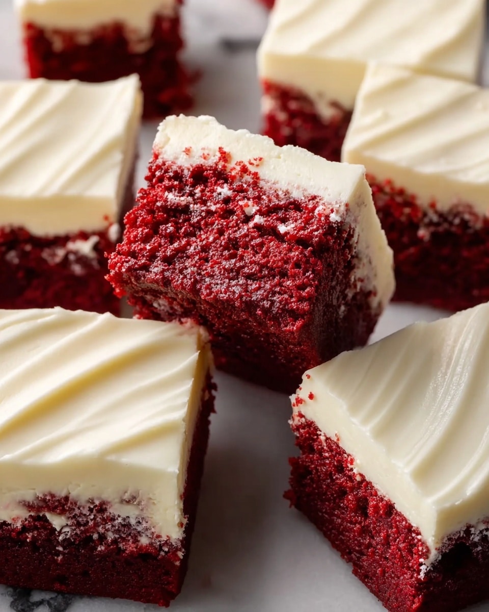 The image shows several square red velvet cake pieces with two visible layers: the bottom layer is a moist, rich, deep red textured cake, and the top layer is a thick smooth white cream cheese frosting with subtle ridged patterns. The cakes are placed close together on a white marbled surface, highlighting their vibrant red and creamy white colors in sharp focus, with one piece slightly tilted to show the two layers clearly. Photo taken with an iphone --ar 4:5 --v 7
