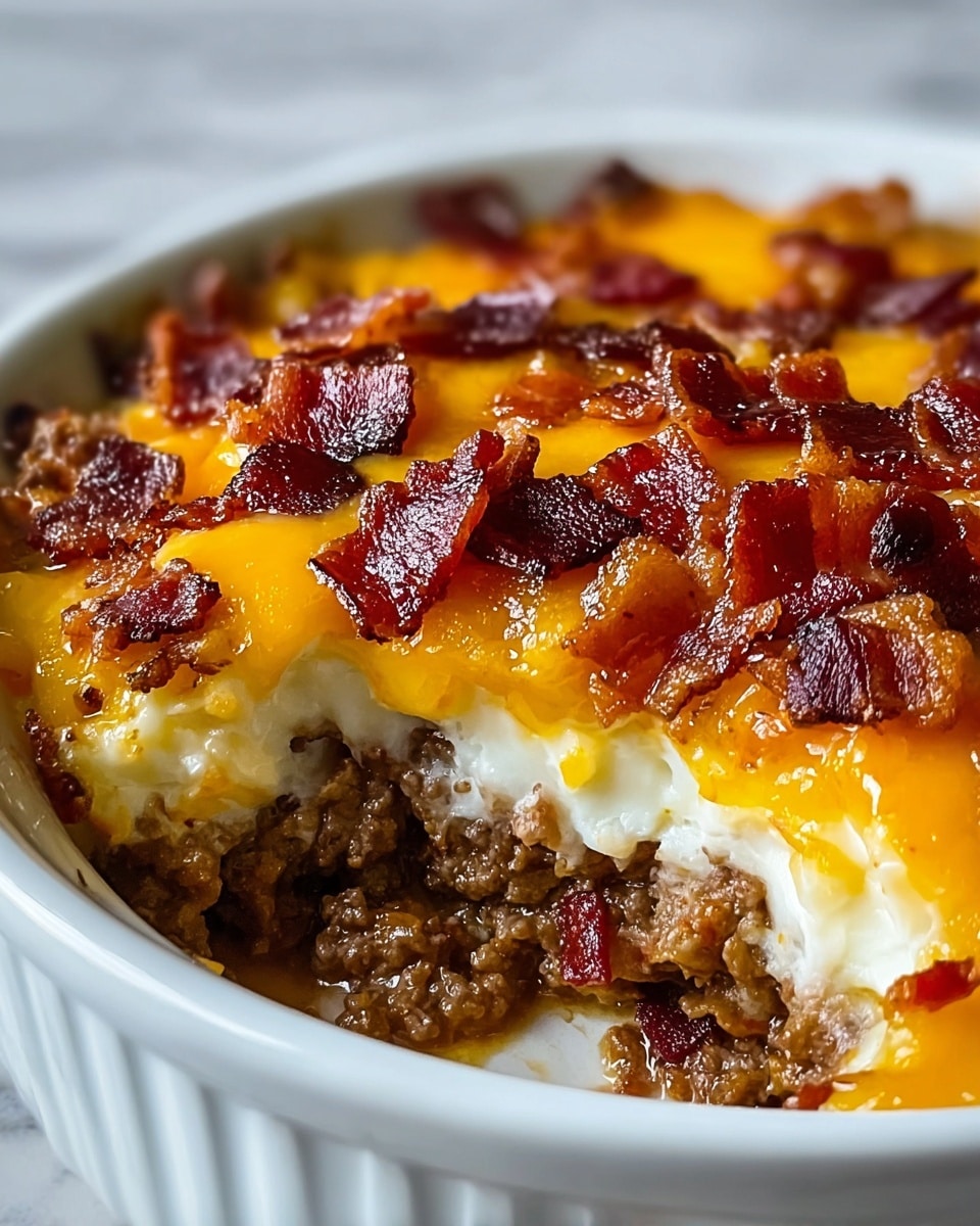 This dish has three visible layers inside a white round ramekin: the bottom layer is cooked ground beef with a slightly oily texture, topped by a middle creamy white sauce layer that looks melted and smooth, and the top layer consists of melted bright yellow cheddar cheese that is bubbly and slightly browned around the edges. Scattered on the cheese are pieces of crispy, reddish-brown bacon bits with some shiny, greasy parts. The dish is placed on a white marbled surface. photo taken with an iphone --ar 4:5 --v 7