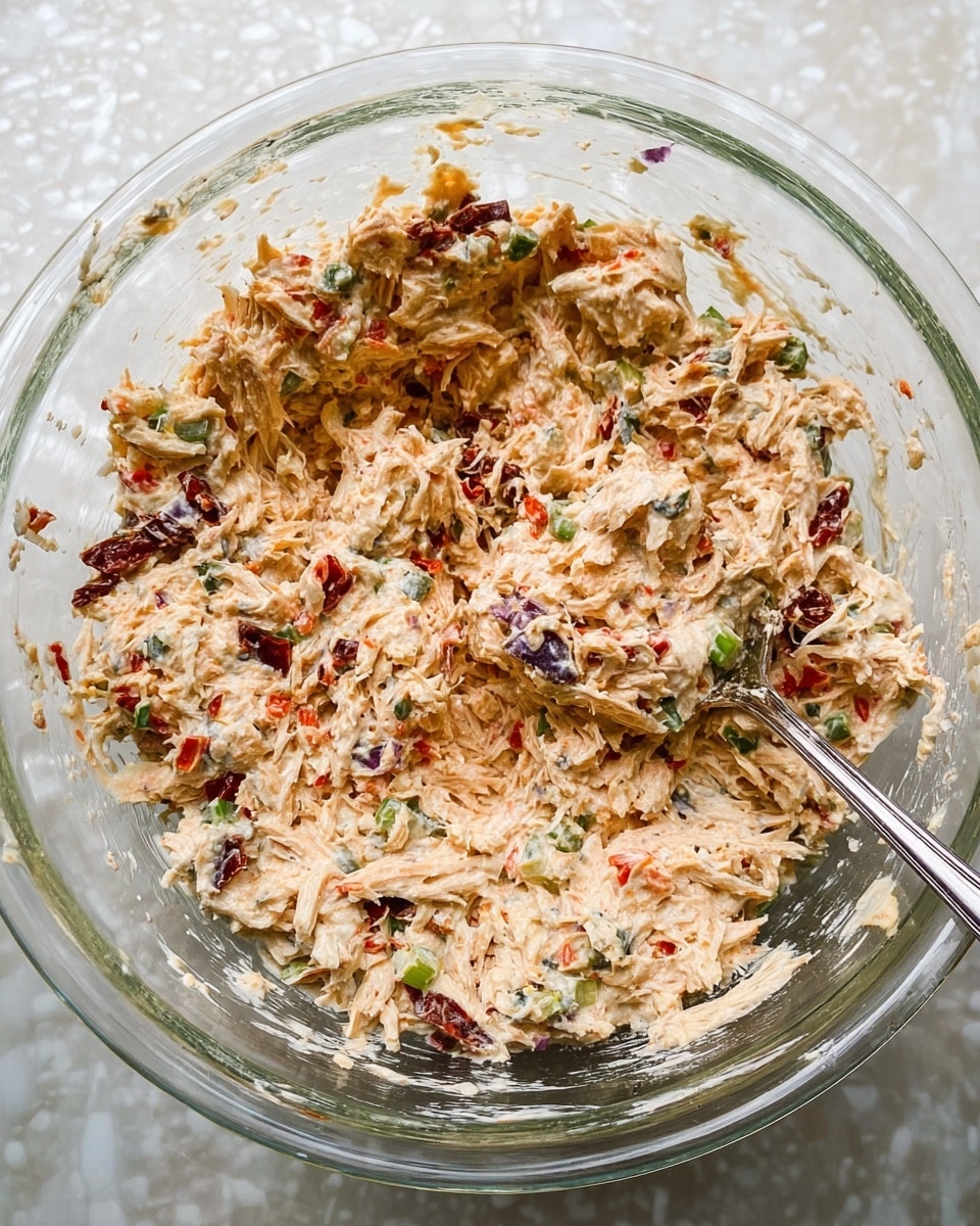 A clear glass bowl filled with a creamy mixture that shows shredded white and light orange pieces, likely chicken, mixed with small green celery chunks, dark red bits of sun-dried tomatoes, and tiny purple pieces of onion, all combined in a thick creamy sauce. There is a silver spoon partly submerged on the right side of the bowl, resting against the inside edge. The bowl is placed on a white marbled textured surface, and the mixture looks soft and spread unevenly within the bowl, showing a rough texture from the shredded and chopped ingredients. photo taken with an iphone --ar 4:5 --v 7