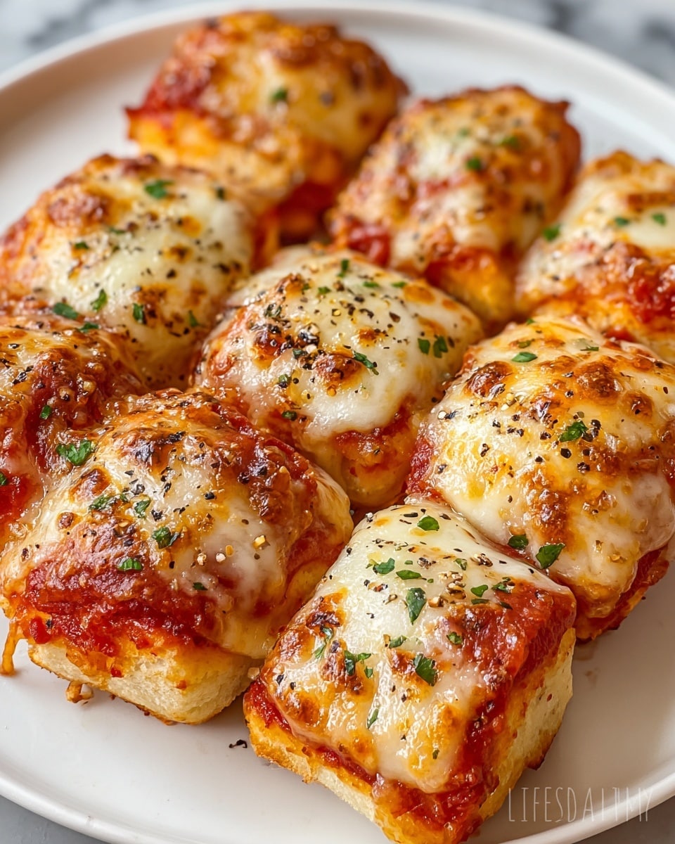 The image shows a white square plate filled with nine small, square pieces of pizza rolls arranged closely in three rows. Each roll has a golden-brown baked dough base that looks soft and fluffy with slightly crisped edges. On top, there is a thick layer of melted mozzarella cheese that is bubbly and browned in spots with an uneven texture. Underneath the cheese, a bright red tomato sauce peeks out at the sides, adding a glossy contrast. The surface of each roll is sprinkled with small black pepper flakes and finely chopped green herbs, giving a fresh touch. The plate rests on a white marbled surface photo taken with an iphone --ar 4:5 --v 7