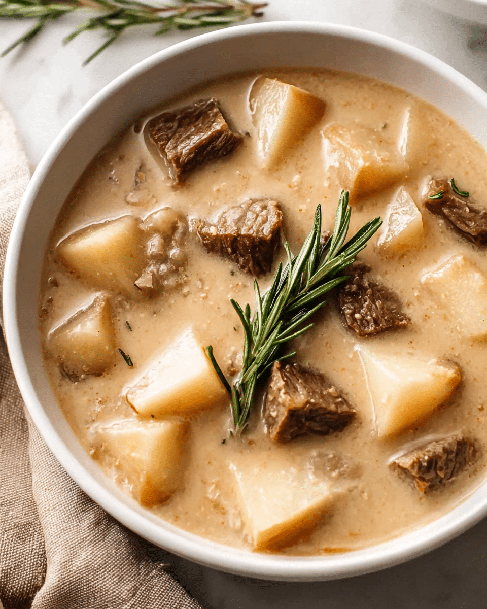 A close-up image of a white bowl filled with creamy soup showing chunks of light beige potatoes and pieces of cooked brown beef floating on top. A fresh sprig of green rosemary rests on the potatoes in the center. The soup has a smooth, thick texture with a light brown color. The bowl is placed on a white marbled surface with a folded light brown cloth nearby. Photo taken with an iphone --ar 4:5 --v 7