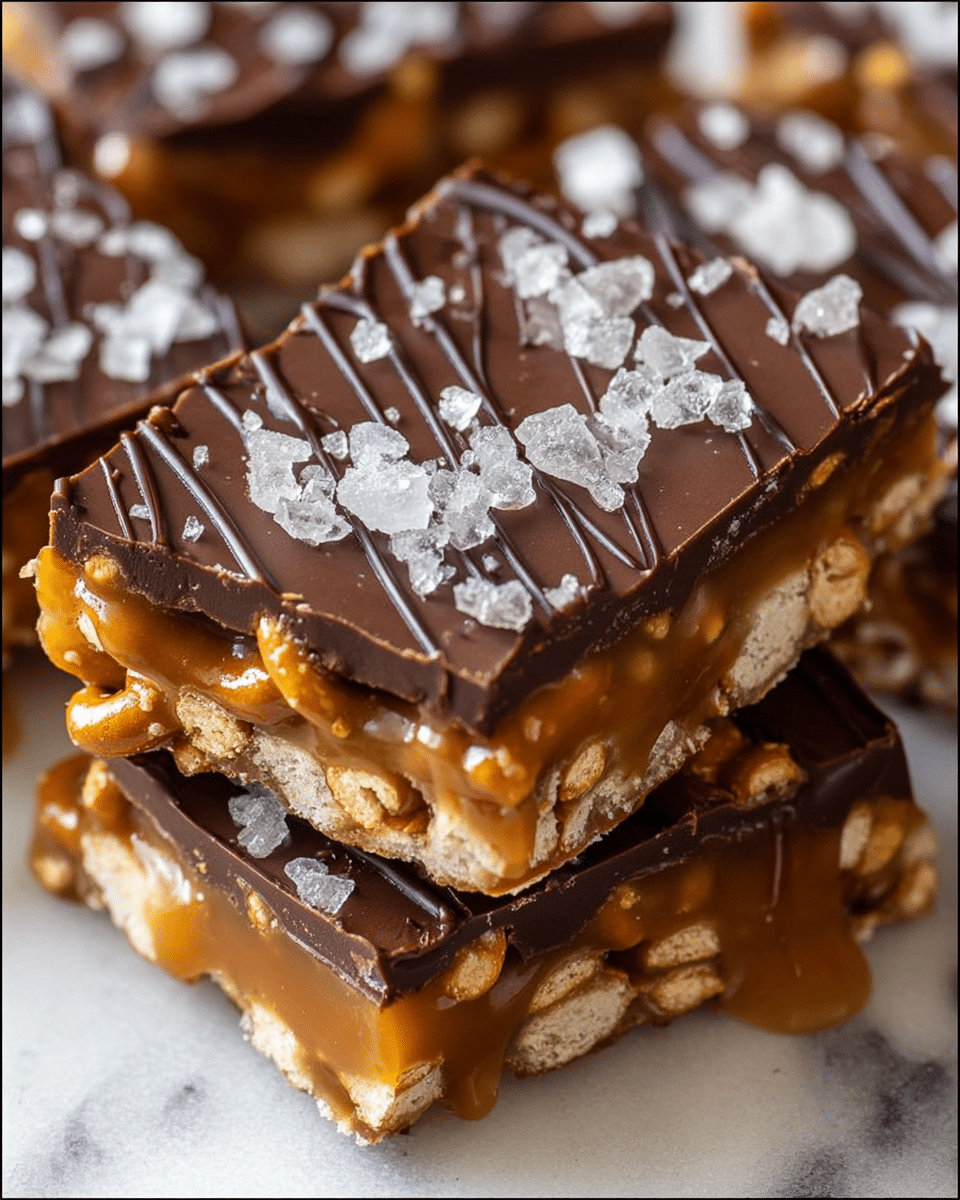 The image shows a close-up of stacked caramel pretzel bars on a white marbled surface. Each bar has three clear layers: the bottom layer is crunchy pretzel pieces in a light tan color, the middle layer is thick and gooey golden caramel, and the top layer is smooth milk chocolate with a shiny finish. Dark chocolate drizzle lines zigzag across the top layer, and large crystals of sea salt are sprinkled generously, adding a rough, white texture on top. The bars look rich and sticky, with some caramel slightly dripping down the sides. Photo taken with an iphone --ar 4:5 --v 7