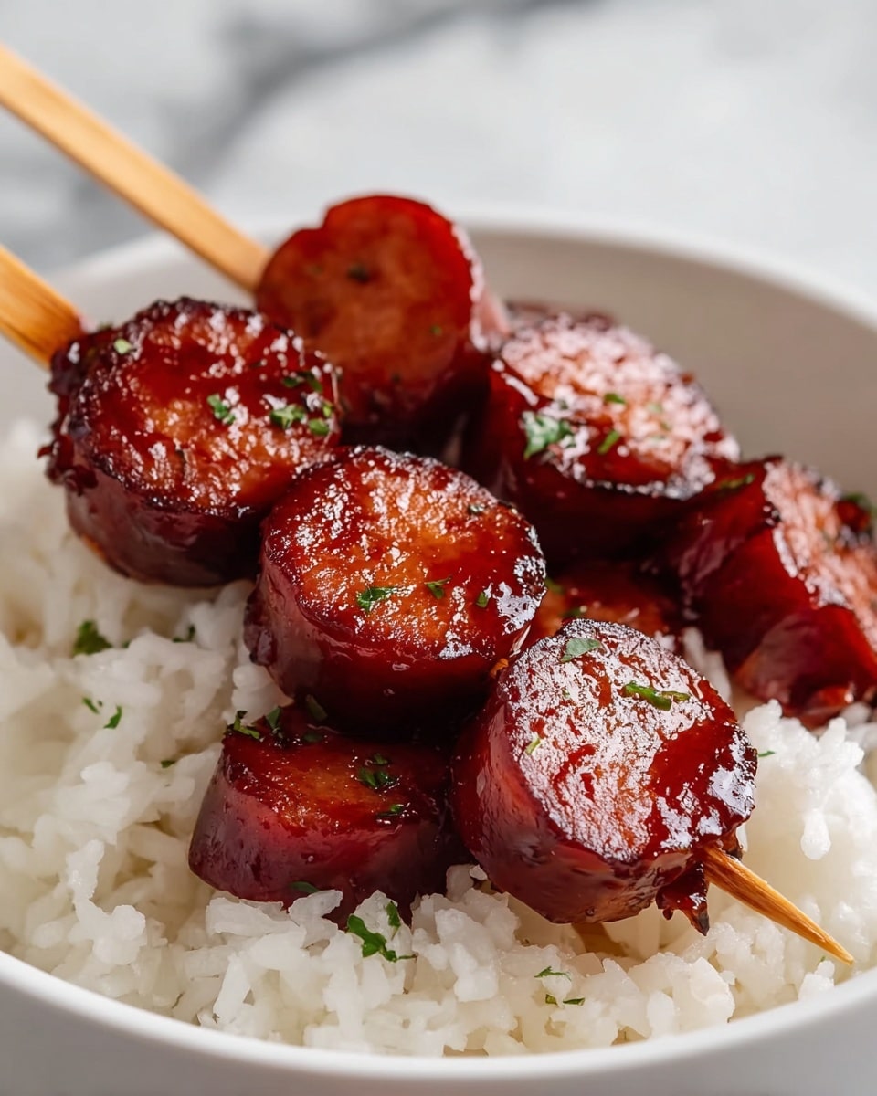 The image shows two wooden skewers with thick slices of shiny, glazed sausage placed on top of a bed of white steamed rice inside a white bowl. The sausage pieces are dark reddish-brown with a glossy texture, and small bits of green herbs are sprinkled on them. The rice looks fluffy and contrasts with the rich color of the sausage. The background has a white marbled texture. photo taken with an iphone --ar 4:5 --v 7