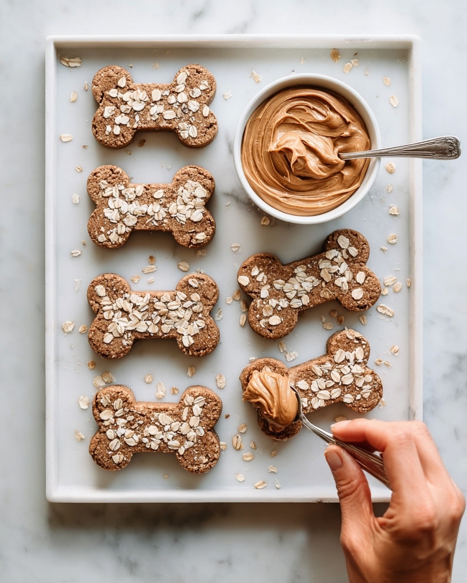 The image shows six bone-shaped cookies arranged in two columns on a white rectangular tray with raised edges, placed on a white marbled surface. Each cookie is light brown and topped with oat flakes scattered evenly across their rough textured surface. To the right on the tray, there is a small white bowl filled with smooth, creamy peanut butter with a silver spoon resting inside. A woman's hand is holding a spoon with peanut butter spreading it on one cookie at the bottom right corner. The scene has a clean, bright look with soft natural light highlighting the textures and colors. photo taken with an iphone --ar 4:5 --v 7