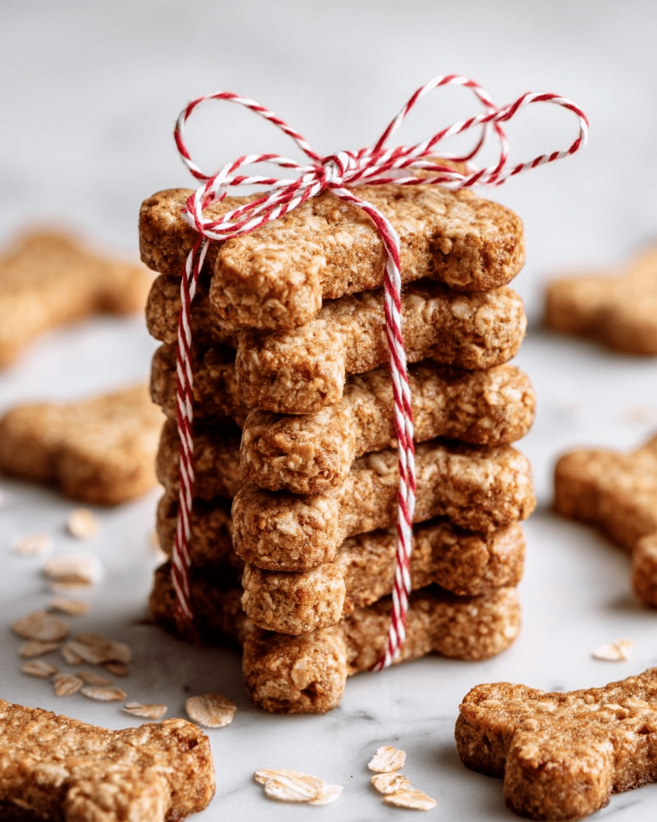 A stack of seven bone-shaped oat cookies tied together with a red and white twisted string bow on top, each cookie showing a golden brown, crispy texture with visible oat flakes throughout. Around the stack, four more identical cookies lay flat on a white marbled surface, with some loose oat flakes scattered nearby, creating a cozy and rustic look. photo taken with an iphone --ar 4:5 --v 7