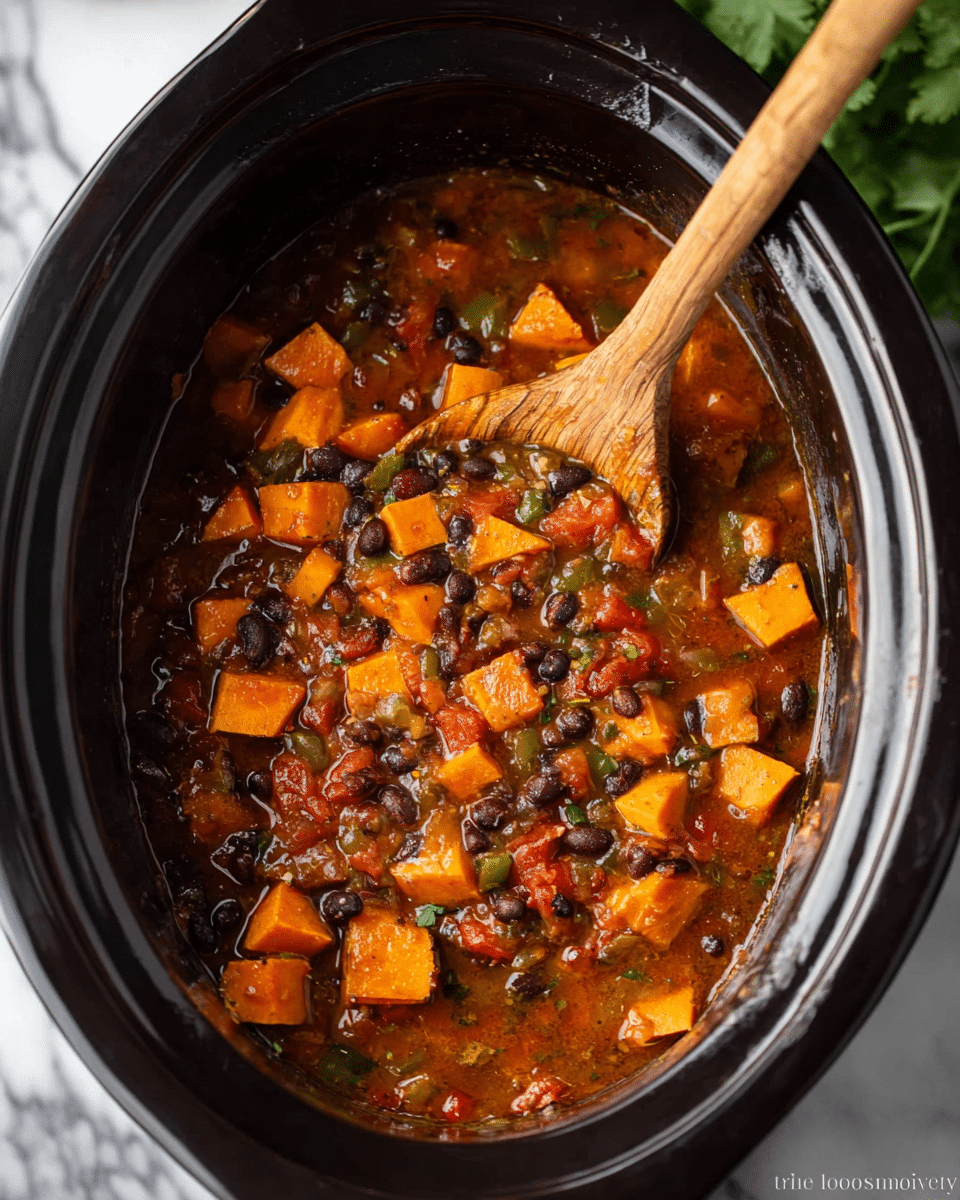 A dark crockpot filled with a stew containing several layers of ingredients, including chunks of orange sweet potatoes, black beans, small pieces of red tomatoes, and bits of green peppers, all mixed in a thick, reddish-brown sauce with visible herbs. A wooden spoon with a smooth texture is placed inside, partially submerged in the stew, resting against the side of the crockpot. The background is a white marbled texture with some green leaves peeking in the corner. Photo taken with an iphone --ar 4:5 --v 7