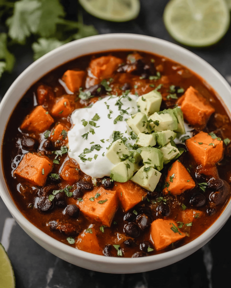 A close-up of a bowl filled with a thick stew, featuring distinct chunks of bright orange sweet potatoes mixed with small black beans floating in a rich, dark reddish-brown sauce. On top, there is a generous dollop of white sour cream next to a small heap of finely diced light green avocado pieces, both centered in the bowl. The dish is garnished lightly with small green herb bits scattered throughout. The bowl is white, sitting on a white marbled surface, with lime slices and green leaves slightly blurred in the background. photo taken with an iphone --ar 4:5 --v 7