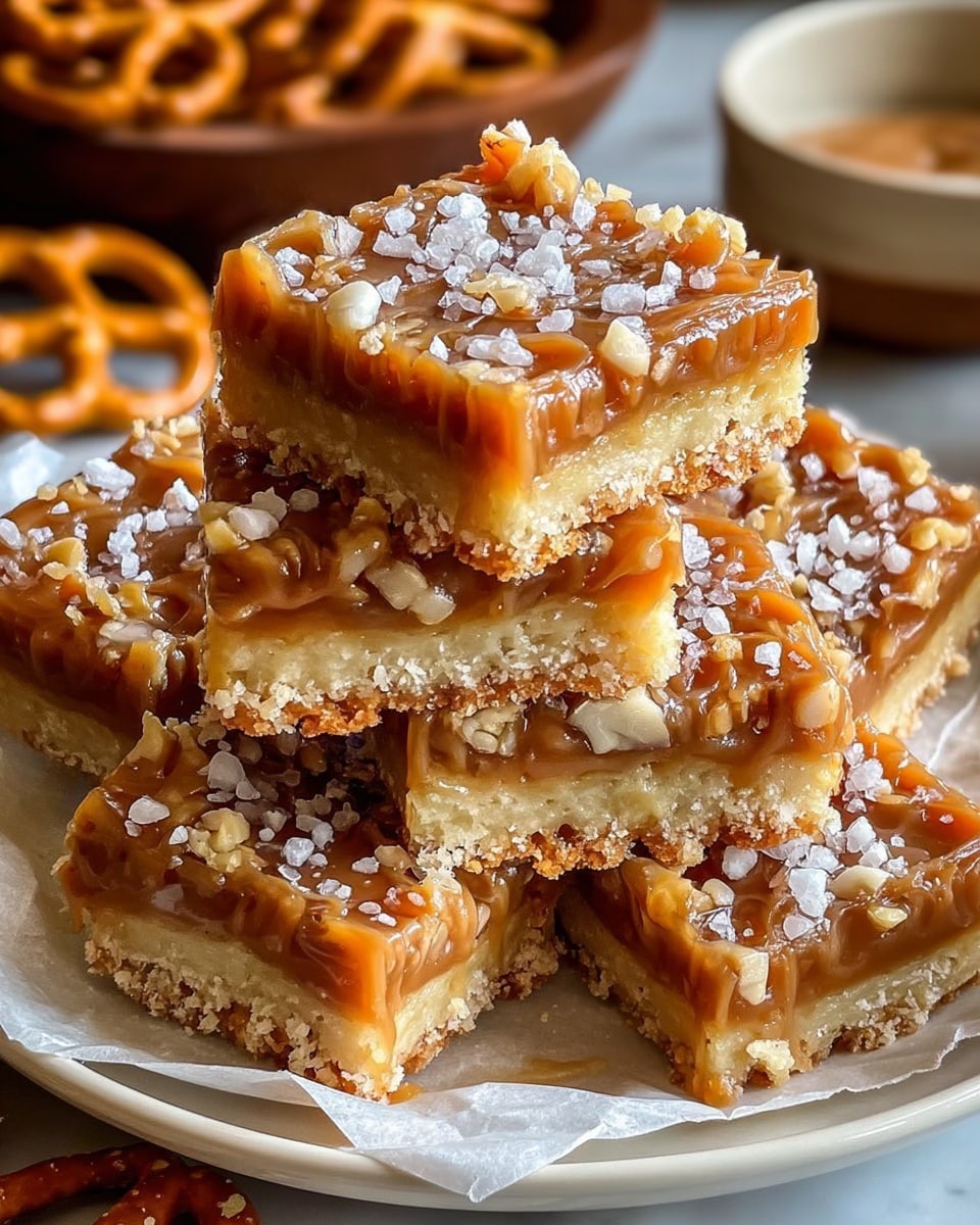 A stack of five square dessert bars arranged on a white plate lined with parchment paper sits on a white marbled surface. Each bar has two layers: a thick, dense light golden crust at the bottom with a crumbly texture and a top layer of caramel-colored filling mixed with small nut pieces. The bars are generously drizzled with glossy, rich amber caramel sauce that cascades slightly over the edges. Coarse, white sea salt crystals are sprinkled on top, adding texture and contrast. The background includes blurred pretzels and a bowl, enhancing the cozy setting. Photo taken with an iphone --ar 4:5 --v 7