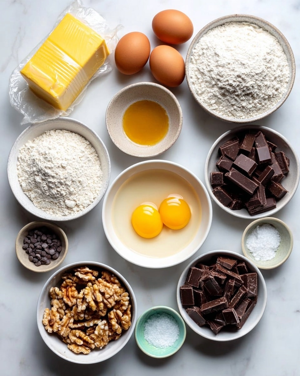The image shows an overhead view of various baking ingredients arranged neatly on a white marbled surface. There is a cube of butter wrapped in yellow paper on the top left, two brown eggs placed side by side above the center. Below the eggs is a small white bowl with golden liquid, and to its right is a large white bowl filled with granulated white sugar. To the left center, a big white bowl is full of white flour. At the center is a white bowl holding two cracked eggs with bright yellow yolks and clear whites. Surrounding this are four small bowls: two white bowls filled with walnut halves placed top right and just below the center, a dark brown bowl below right filled with large chunks of dark chocolate, and a small grayish bowl below left filled with tiny chocolate chips. There are also two very small bowls, one with white coarse salt near the bottom right and a light green bowl with flaky salt near the center. The arrangement is clean and bright, capturing the colors and textures of the ingredients clearly. Photo taken with an iphone --ar 4:5 --v 7