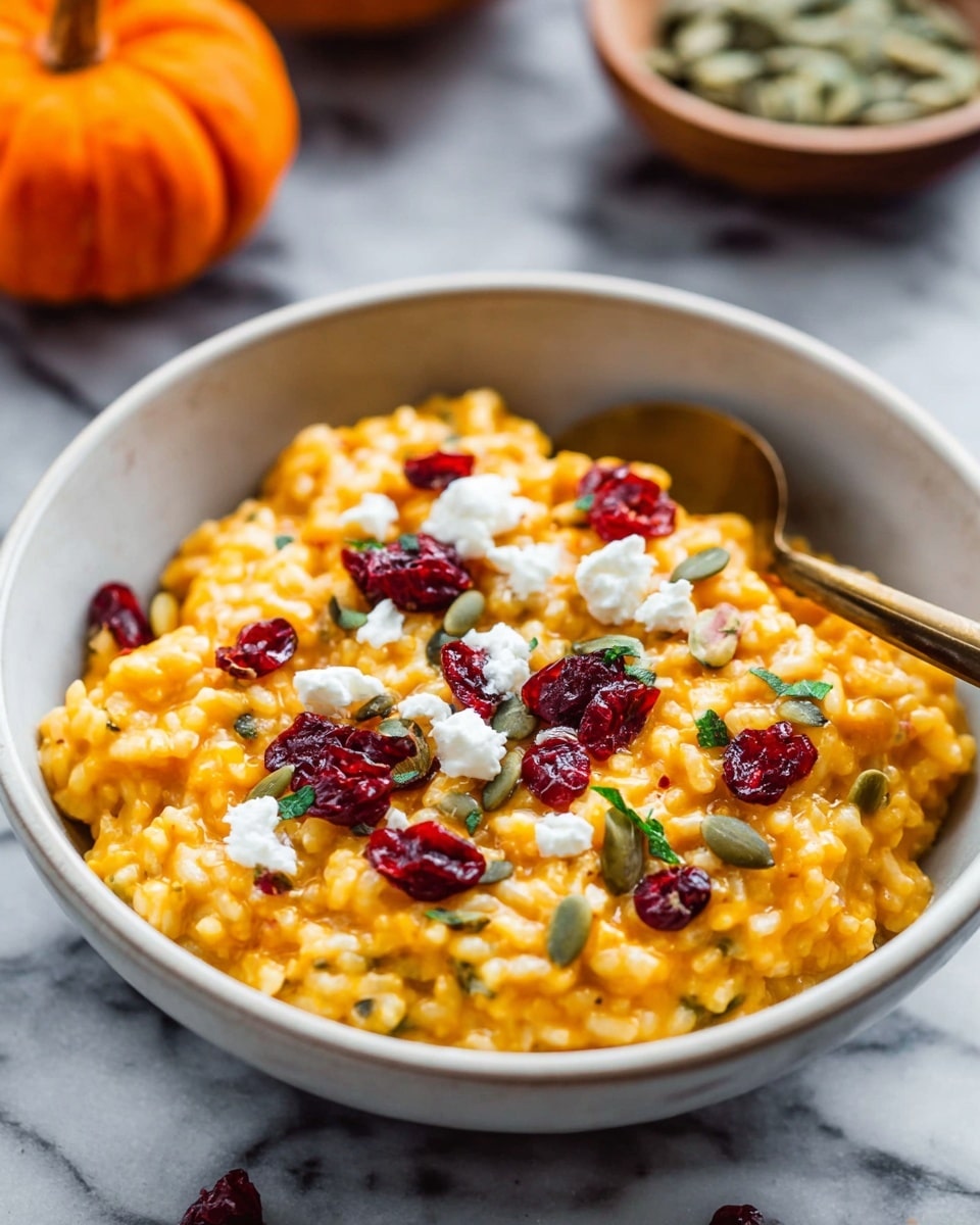 A bowl filled with creamy orange risotto, showing a soft, thick texture mixed evenly. On top, scattered pieces of bright red dried cranberries, small dollops of white cheese, and light green pumpkin seeds add contrast and detail. Small green herb leaves are sprinkled over the dish, adding freshness. The bowl is white, set on a white marbled surface, with a bronze spoon resting inside the bowl. In the background, a small pumpkin and a bowl of pumpkin seeds are blurred out. photo taken with an iphone --ar 4:5 --v 7