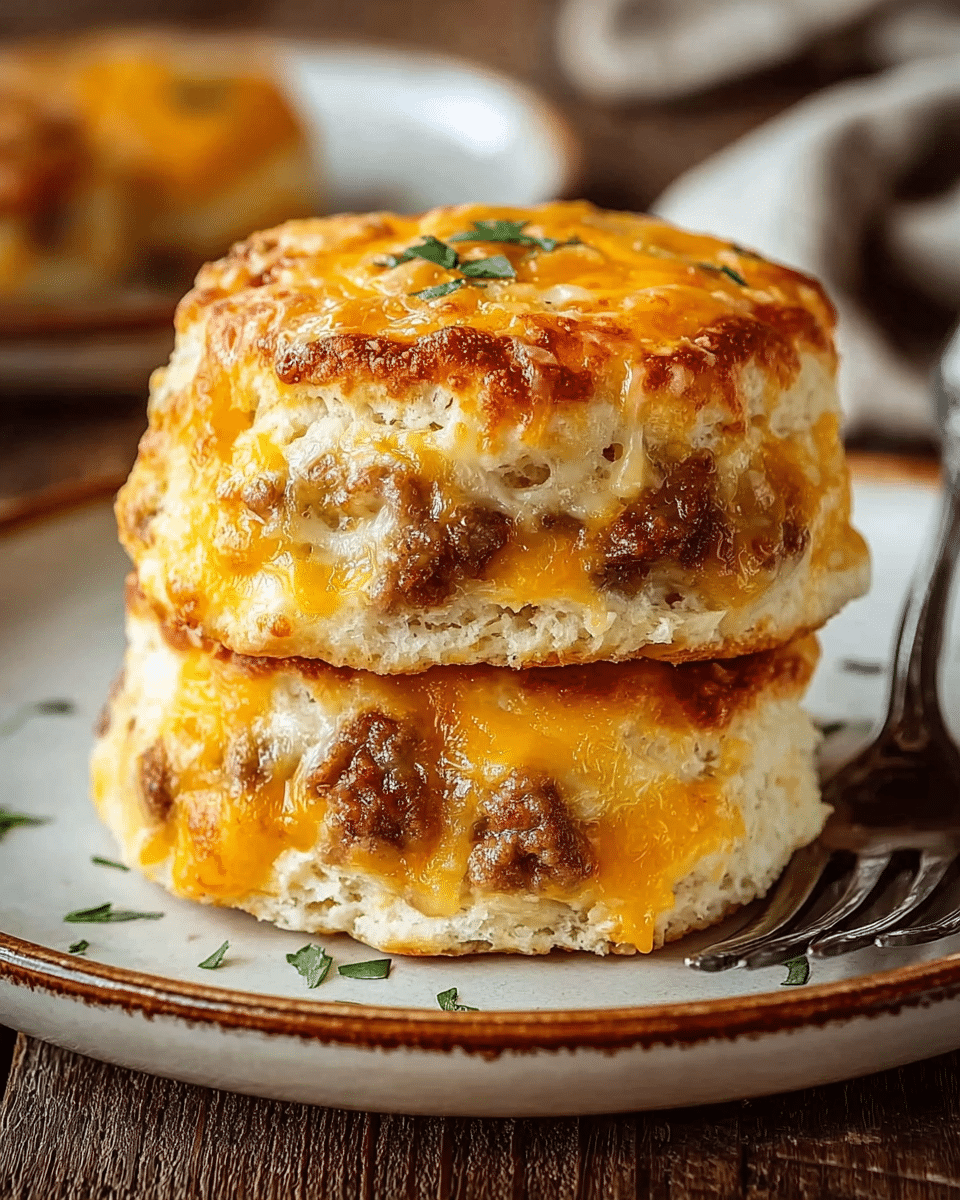 Two stacked biscuit sandwiches are shown on a white plate with brown edges. Each sandwich has three layers: the top golden-brown biscuit layer with melted, bubbly cheese and small green herb pieces, the middle layer with visible browned sausage bits mixed with melted cheddar cheese in orange and yellow tones, and the bottom biscuit layer that is fluffy and light with a slightly crispy edge. The plate is set on a wooden surface with a dark metal fork resting to the right. Photo taken with an iphone --ar 4:5 --v 7