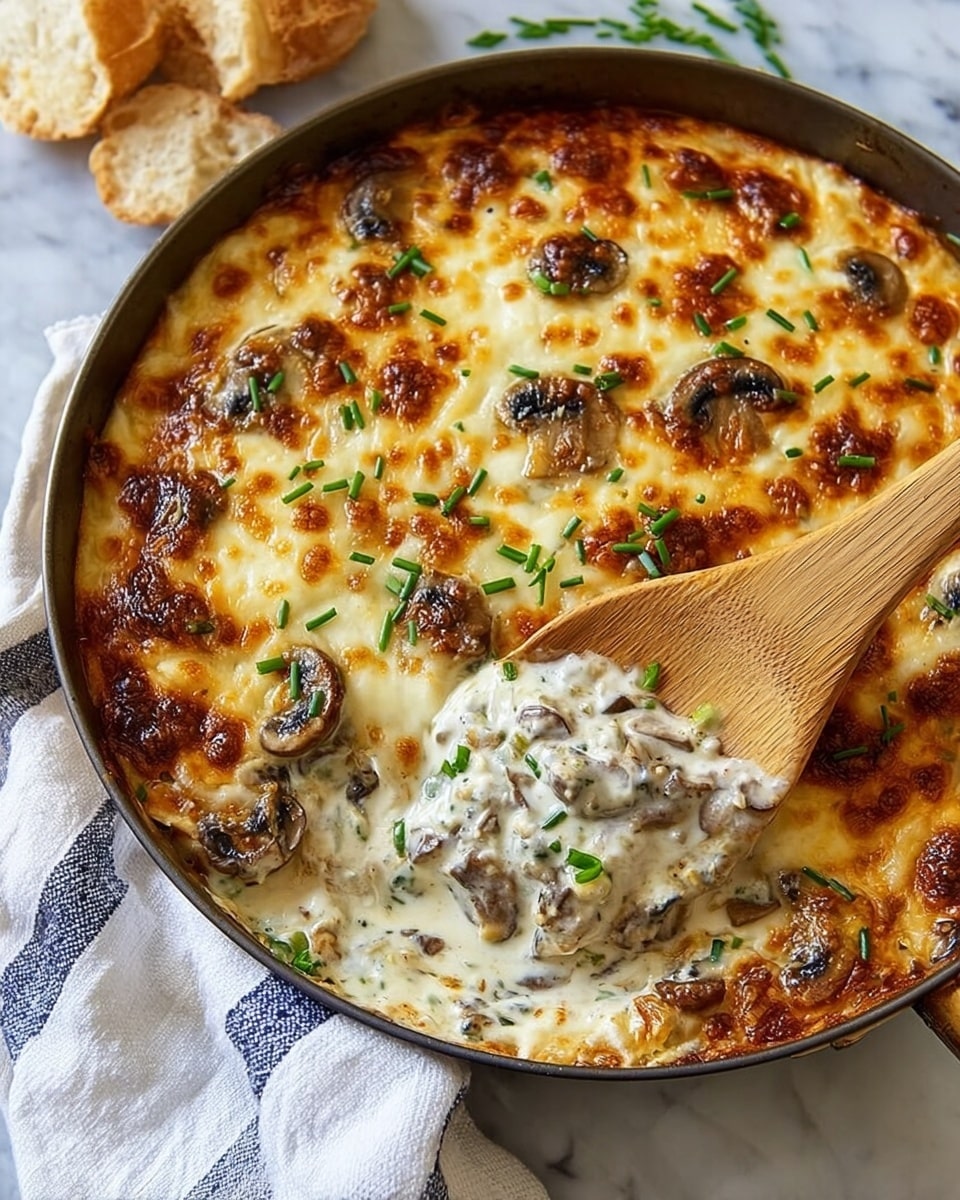 A round pan filled with a cheesy baked dish is shown, featuring a golden-brown cheese layer on top with small browned spots and melted, slightly crusty edges. Underneath, there is a creamy white sauce mixed with sliced mushrooms and herbs, giving a textured look with bits of green sprinkled throughout. A wooden spoon is scooping out a portion, showing the creamy mushroom filling beneath the cheese layer. Small green pieces, possibly chopped chives, are scattered on top, adding a hint of color. The pan sits on a white marbled surface with a white cloth with blue stripes nearby. Photo taken with an iphone --ar 4:5 --v 7